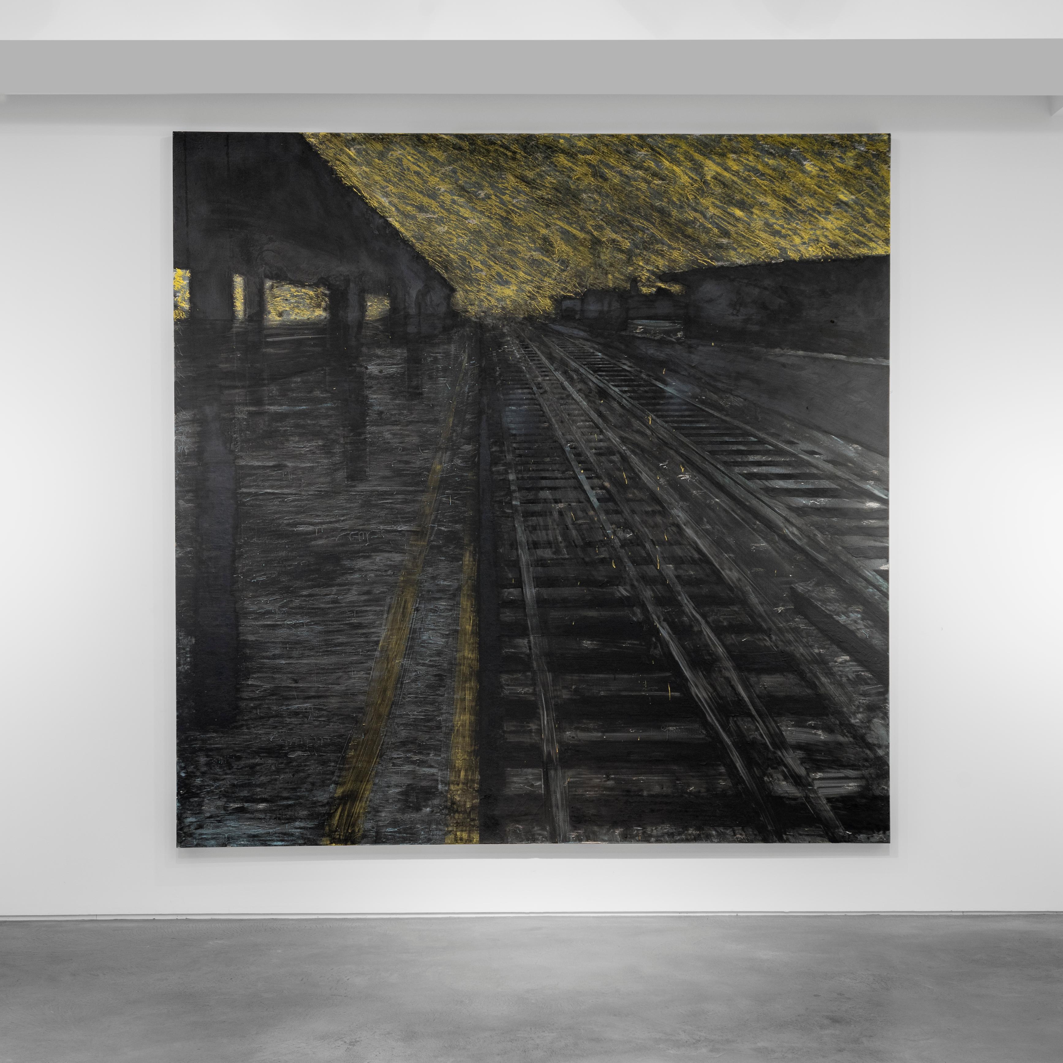 Donald Sultan
Born 1951  
Herndon Railway, 18 August 1988
Latex and tar on canvas
96 x 96 inches

Donald Sultan is an acclaimed American painter known for his large-scale paintings produced using a range of industrial and non-art materials,