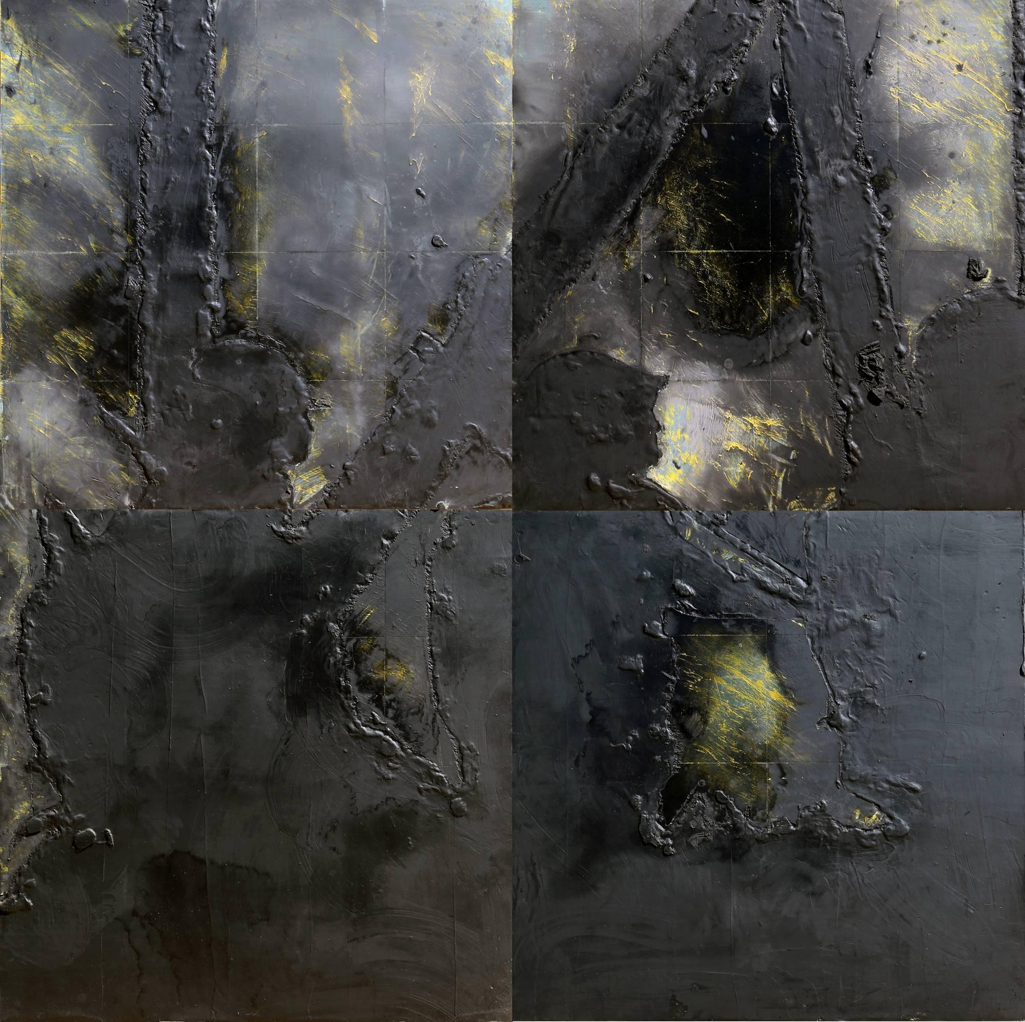 A monumental unique painting in four 48 x 48 inch panels by Donald Sultan.  

Artist: Donald Sultan, American (1951 - )
Title: Two Dog Pass
Year: January 12th, 1988
Medium: Tar and Latex on tile on masonite over wood, signed, titled and dated
