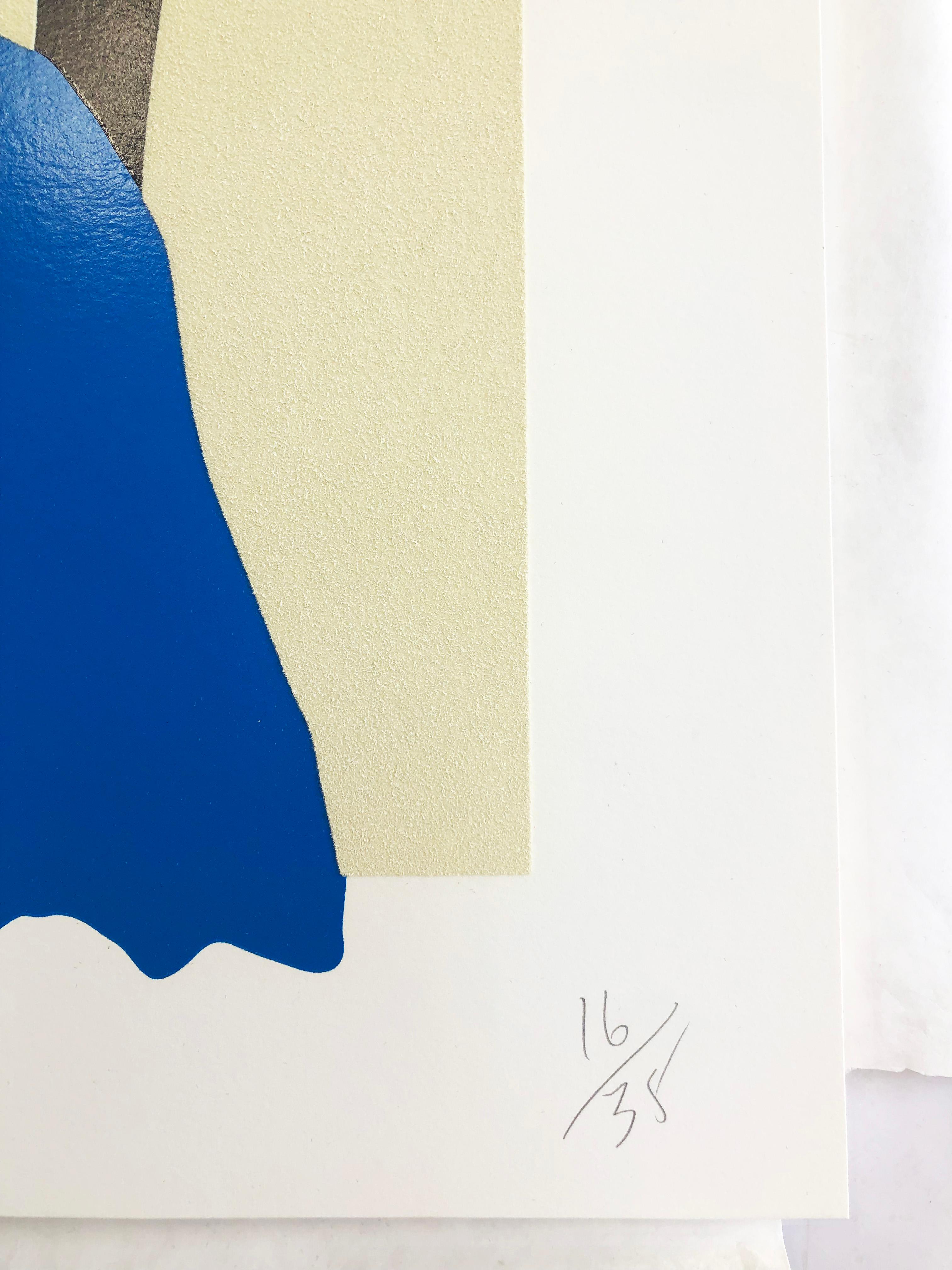 Artista: Donald Sultan
Titolo: Blues e nero 20 agosto 2020
Anno: 2020
Mezzo: Serigrafia con inchiostri a smalto, floccatura e texture di catrame su cartoncino Museum Rising a 4 strati.
Foglio:  44 x 84 pollici (112 x 213 cm)
Edizione: 35; firmato,