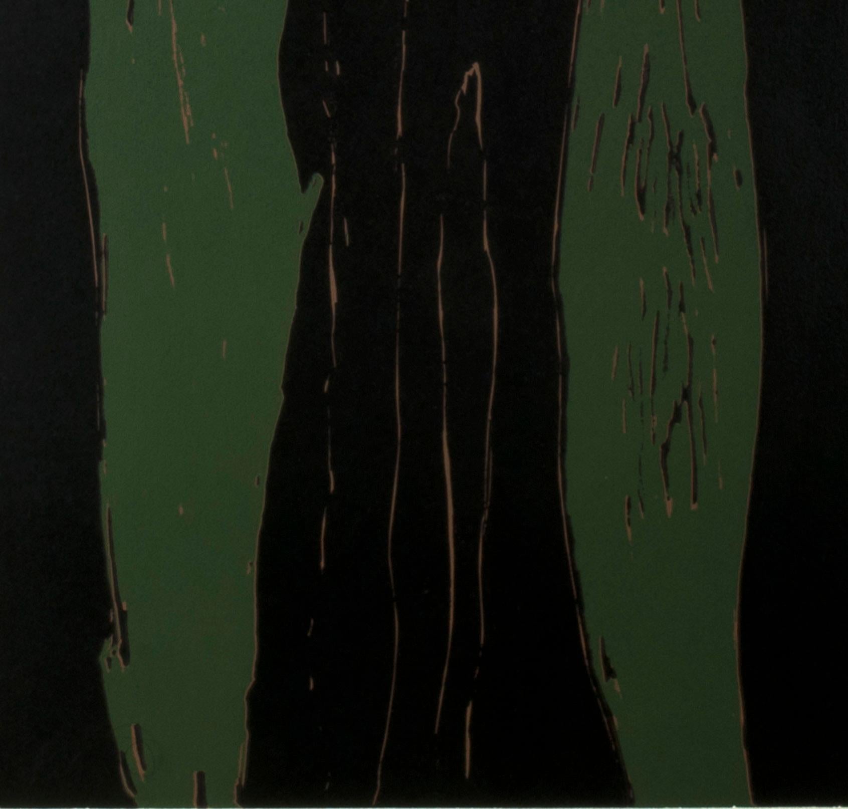 Cyprès
Gravure sur bois réductrice en couleurs, noir, vert et brun, 1982
Non signé
D'après : Série d'images de clochards
