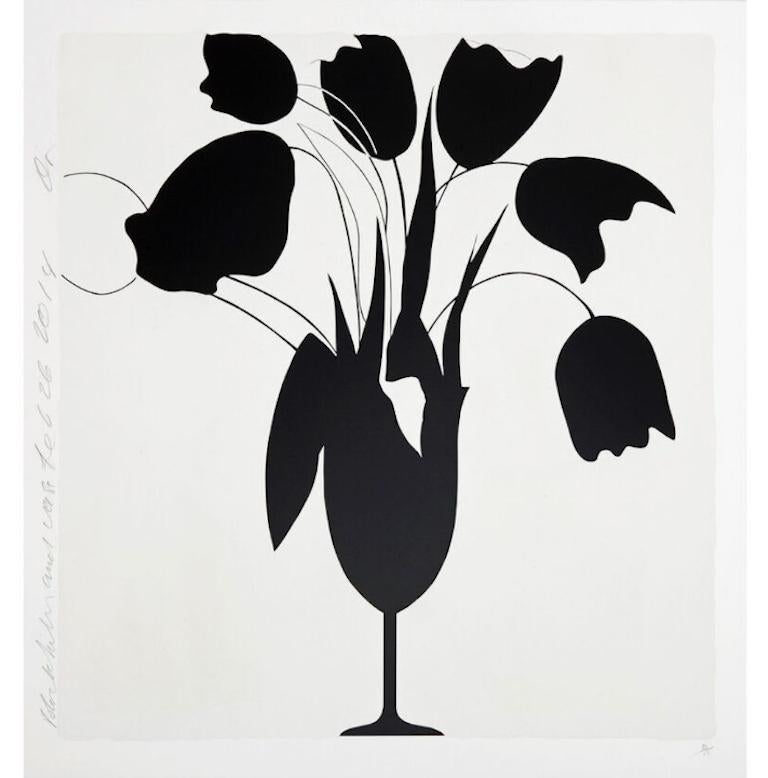 Donald Sultan
Black Tulips and Vase, Feb 26, 2014
46" x 46" in
Silkscreen 
Edition of 50




Donald Sultan’s large-scale still life paintings are filled with rich iconography—provocative objects, like bulbous fruits, set against a tar-black