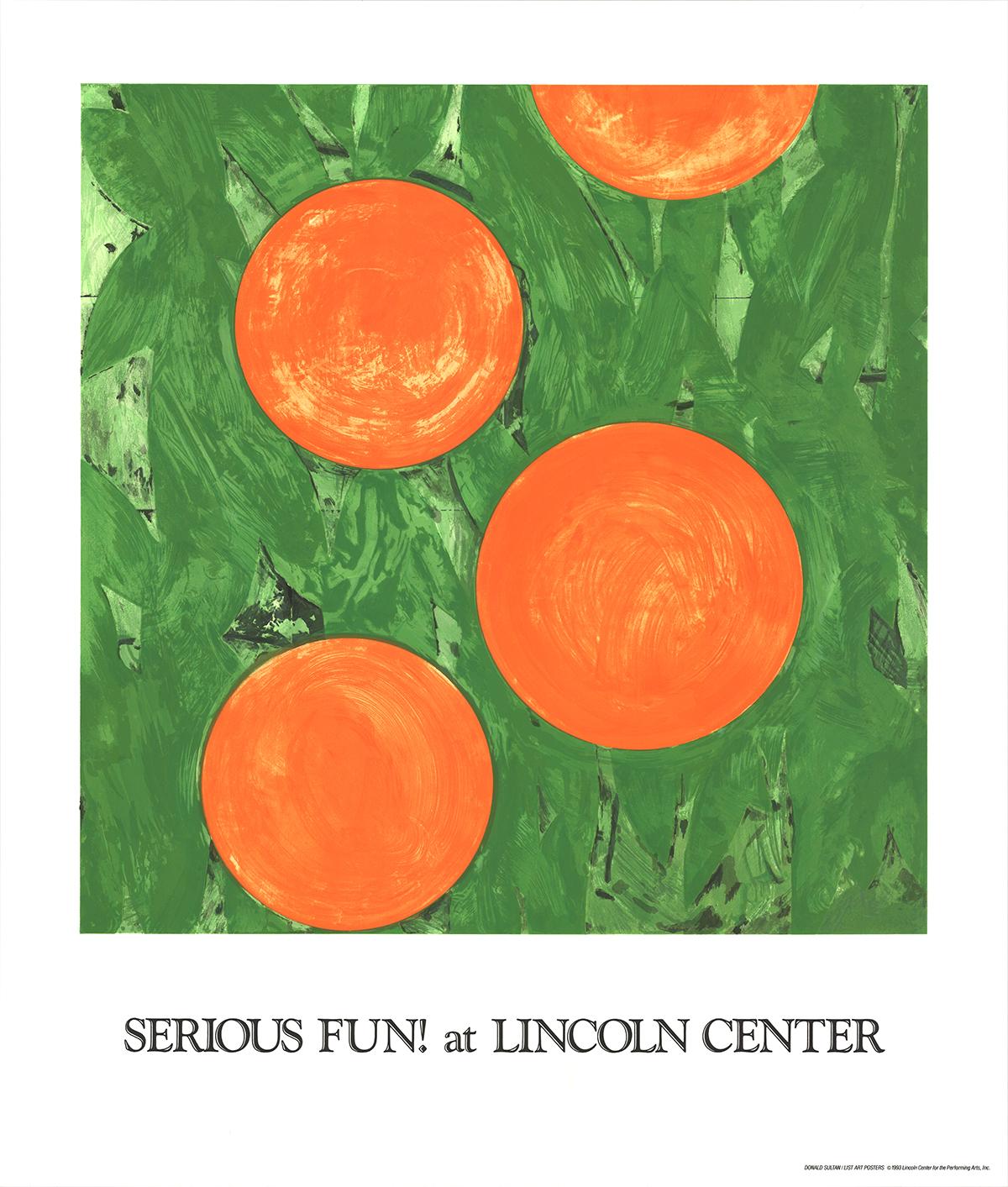 First edition silk-screen poster designed by Donald Sultan for the Serious Fun series of concerts presented at the Lincoln Center for the Performing Arts in New York City in 1993. 
