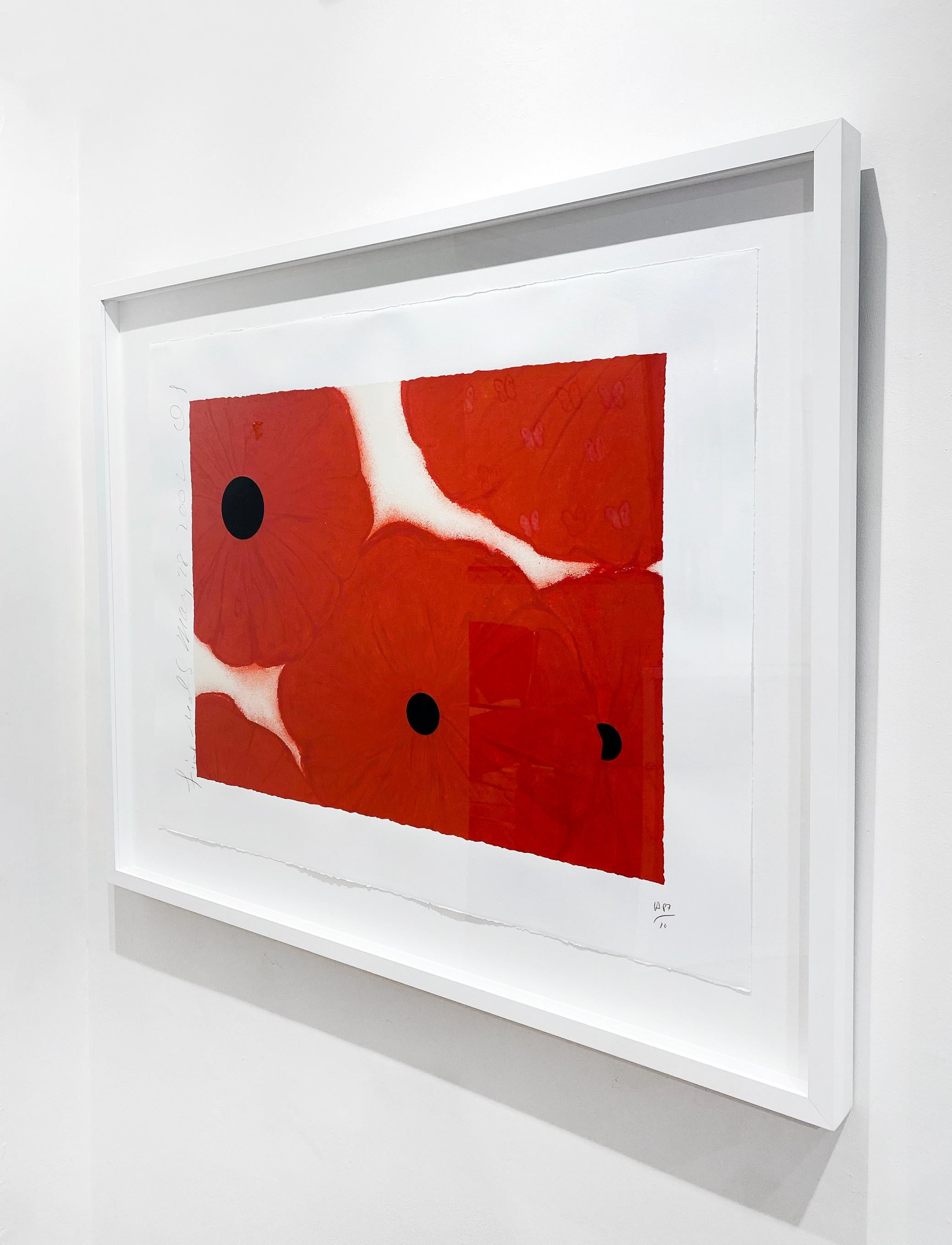 Artist:  Sultan, Donald
Title:  Five Reds
Date:  2002
Medium:  Screenprint in colors with black flocking on wove paper
Unframed Dimensions:  29.75