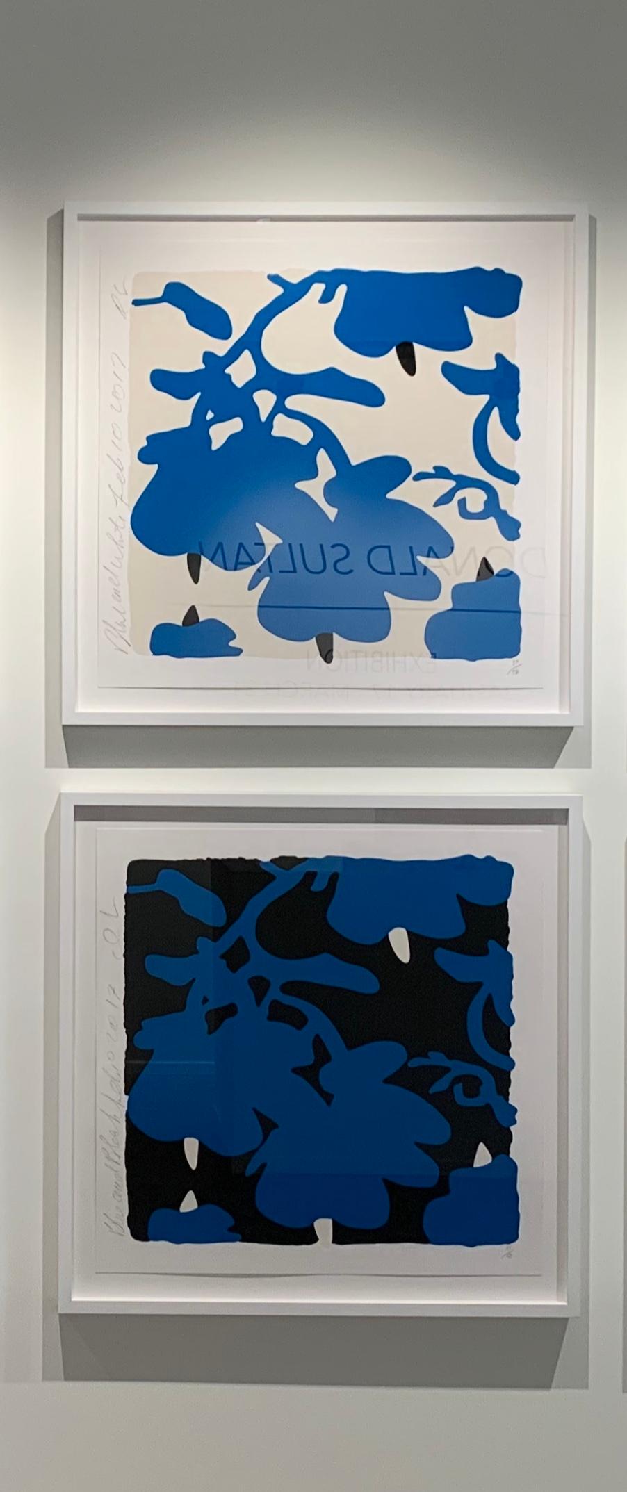 Lantern Flowers (Blue and White)Color silkscreen with over-printed flocking on R - Abstract Print by Donald Sultan