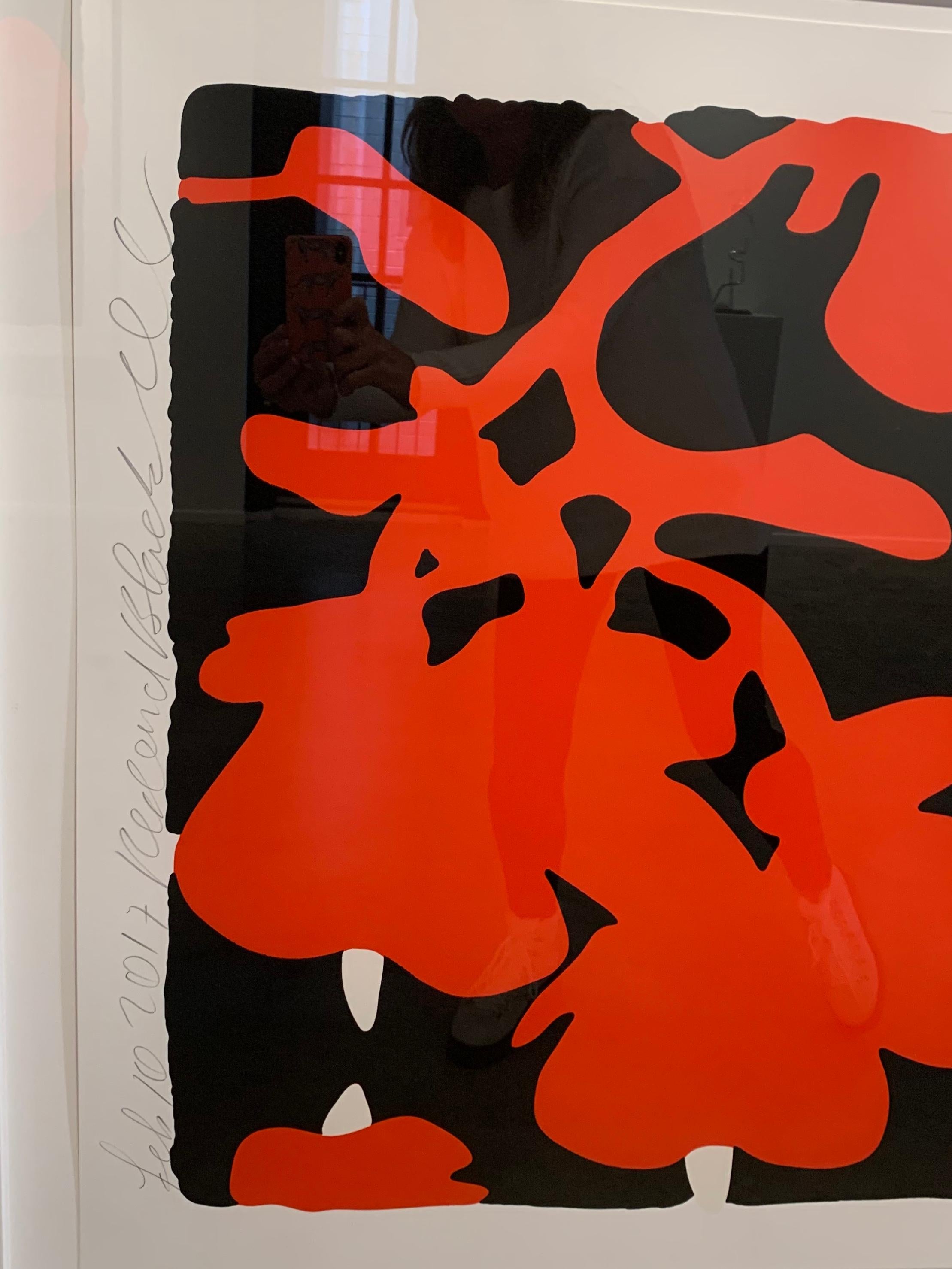 Lantern Flowers (Red and Black)Color silkscreen with flocking 2-ply museum board - Abstract Print by Donald Sultan