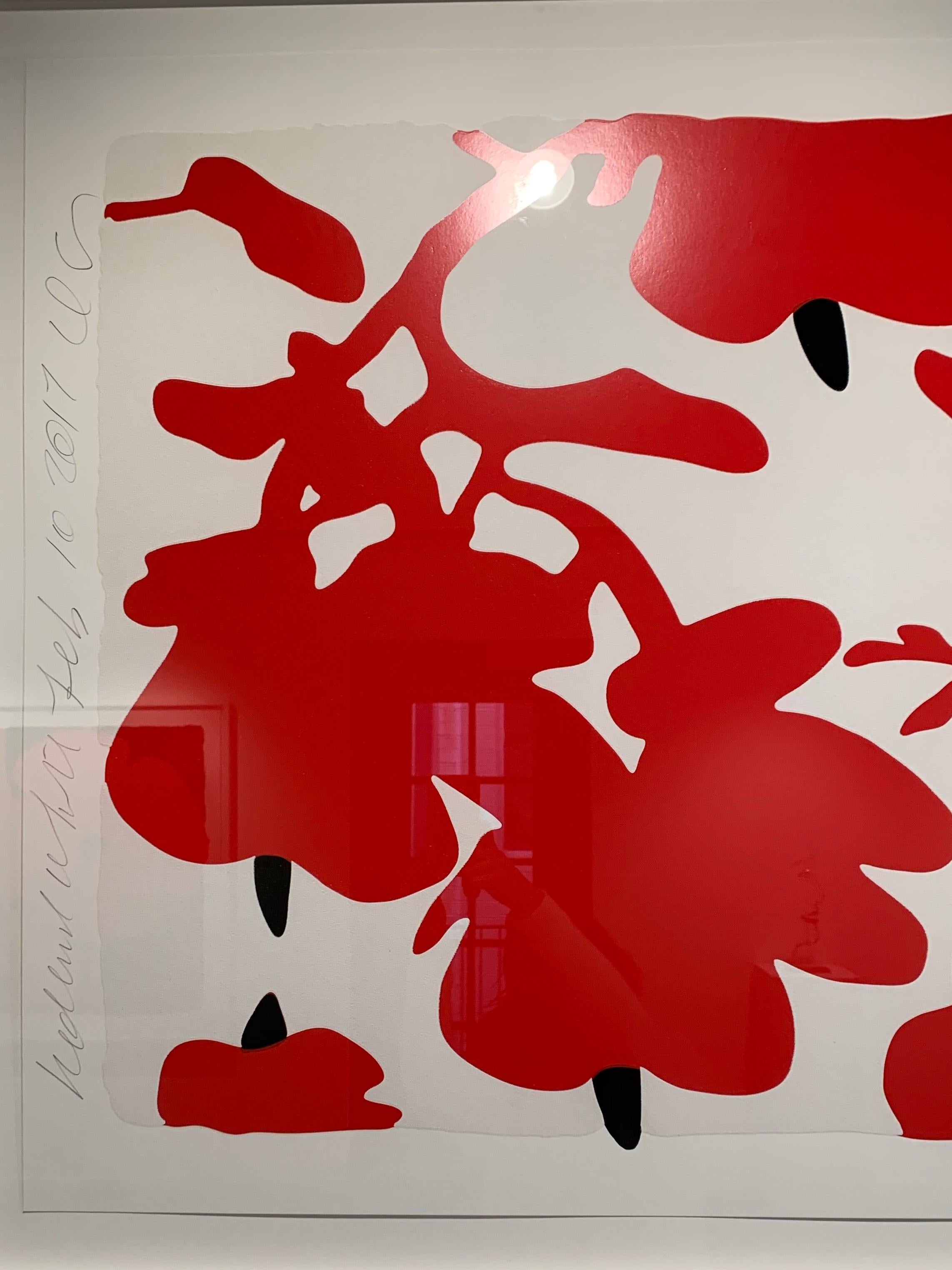 Lantern Flowers (Red and White) Color silkscreen with flocking For Sale 1