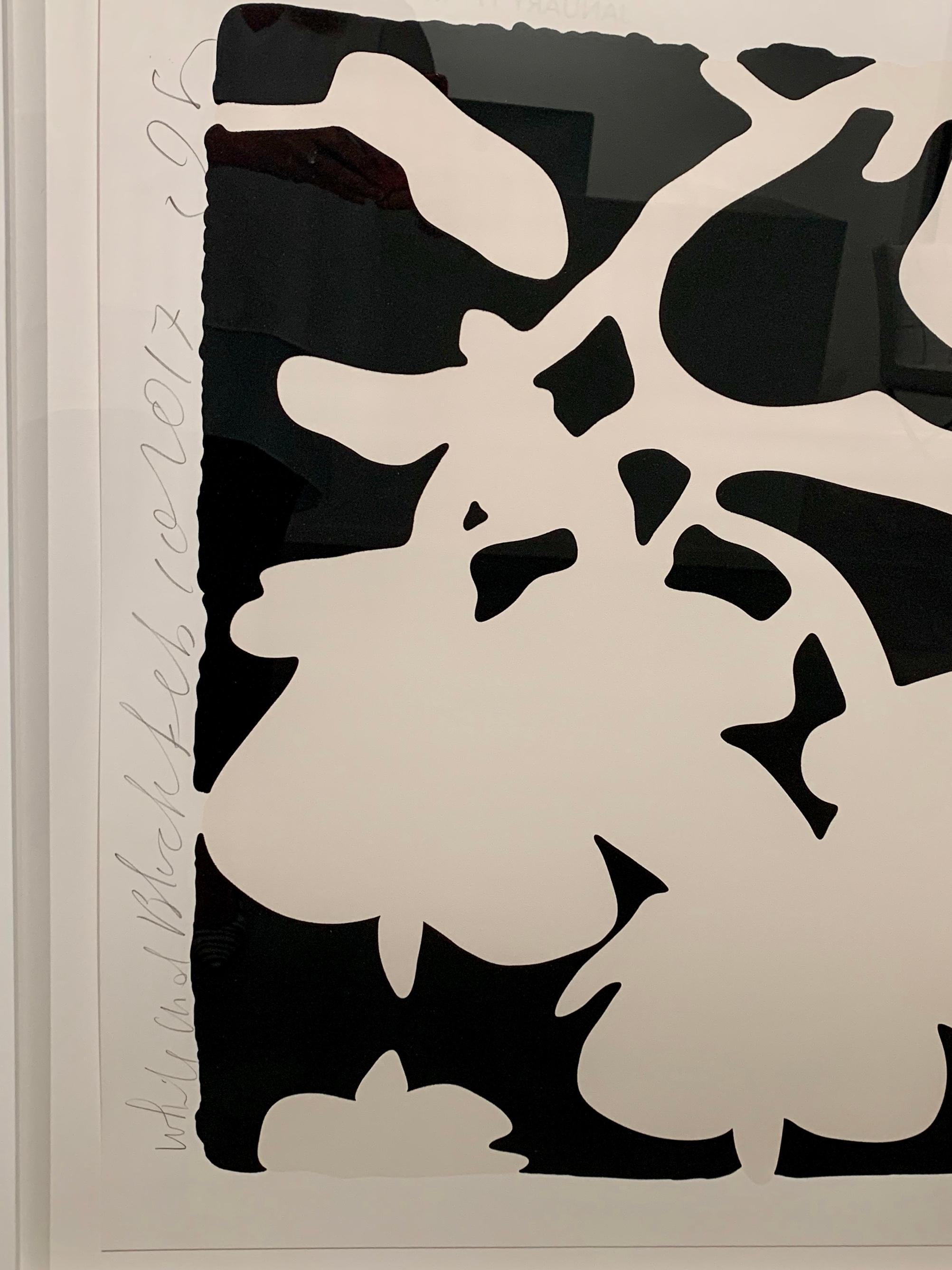 Lantern Flowers (White and Black), Color silkscreen with over-printed flocking  For Sale 2