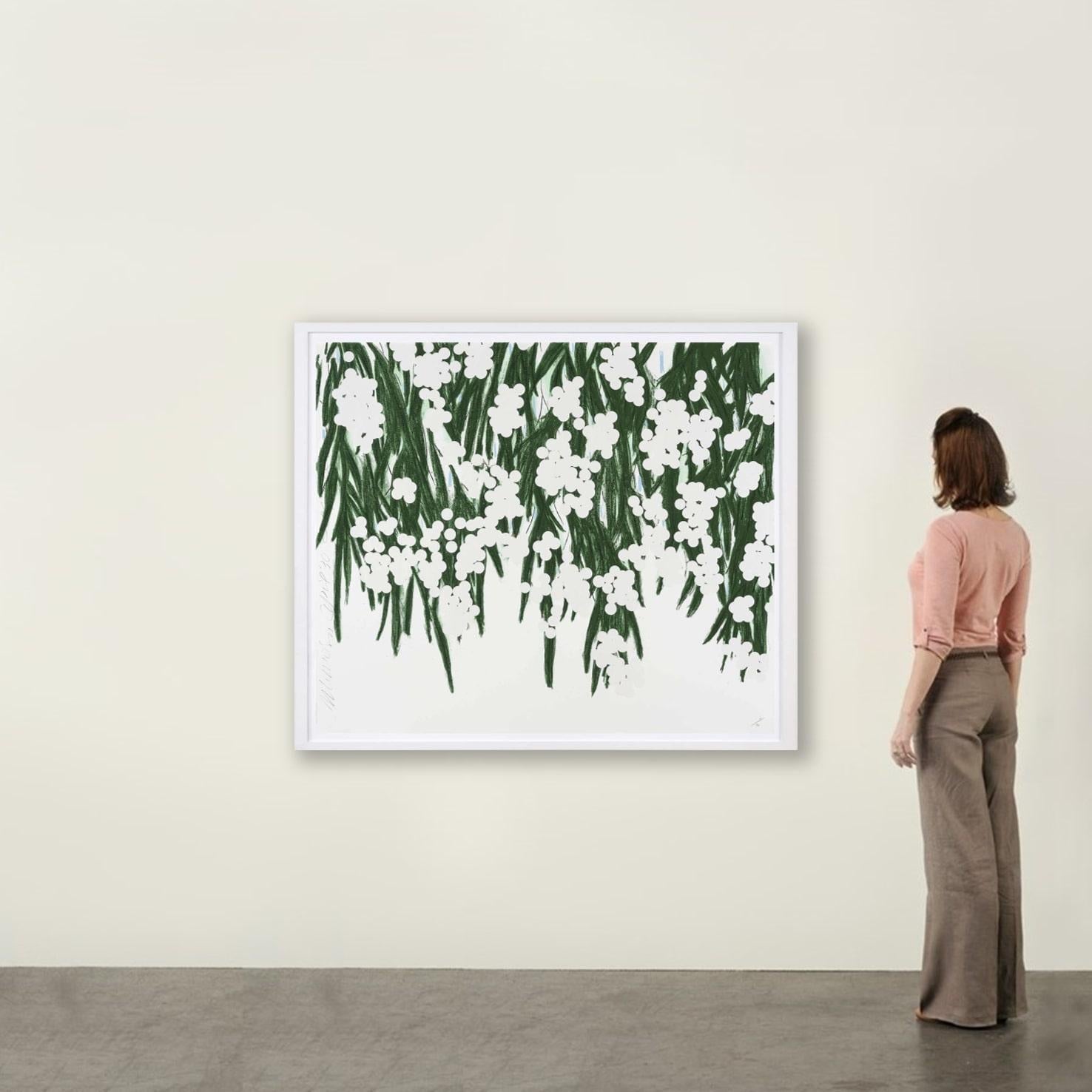 Mimosa, April 30 - Contemporary, 21st Century, Silkscreen, Mimosa, Flower, White - Gray Figurative Print by Donald Sultan