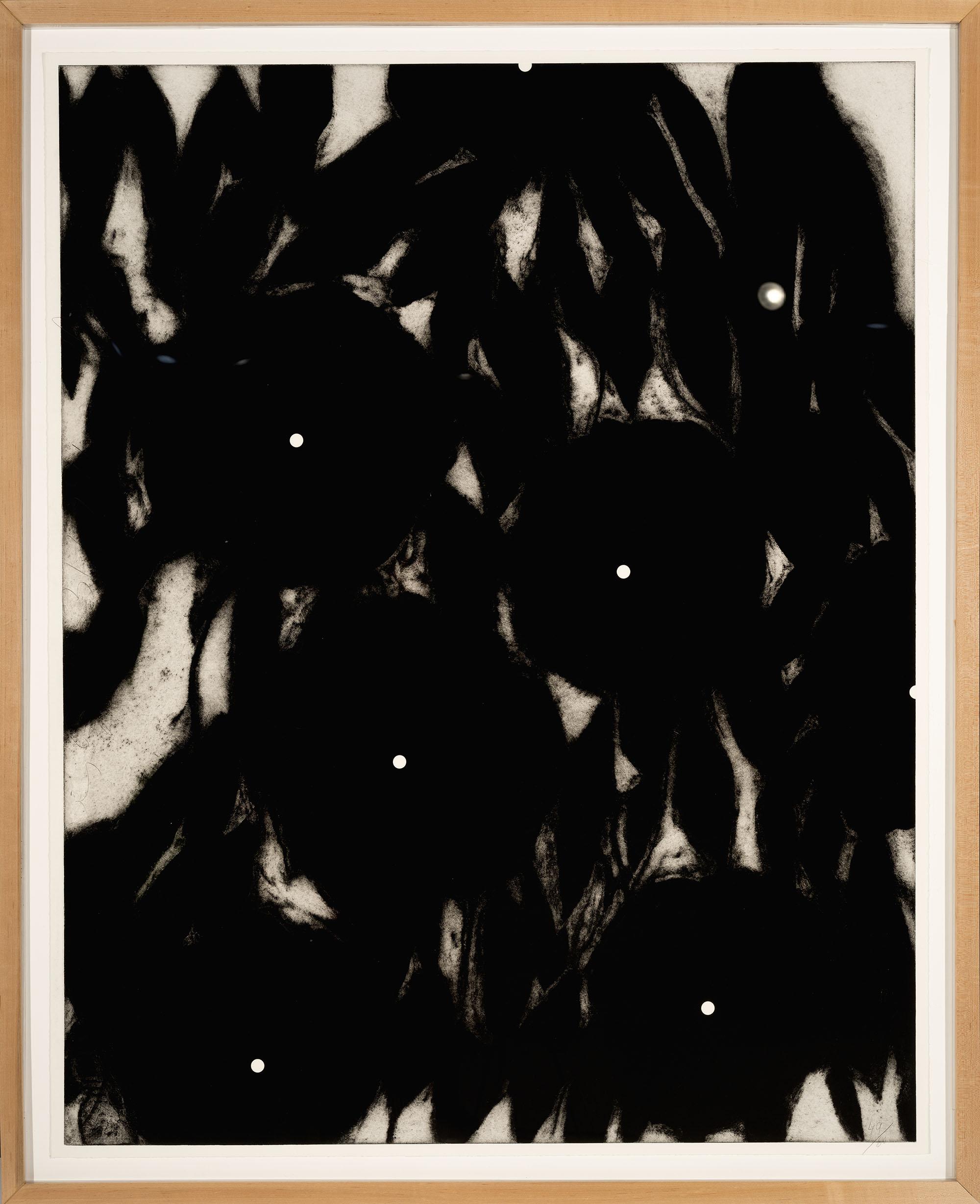 "Glorias matinales III" aguatinta del artista Donald Sultan. Titulada a mano "Glorias matinales", fechada "31 de junio de 1991" y firmada "D. Sultan: anverso izquierdo. Numerado a mano 49/60 en el anverso inferior derecho. Tamaño de la hoja: 60 x 48