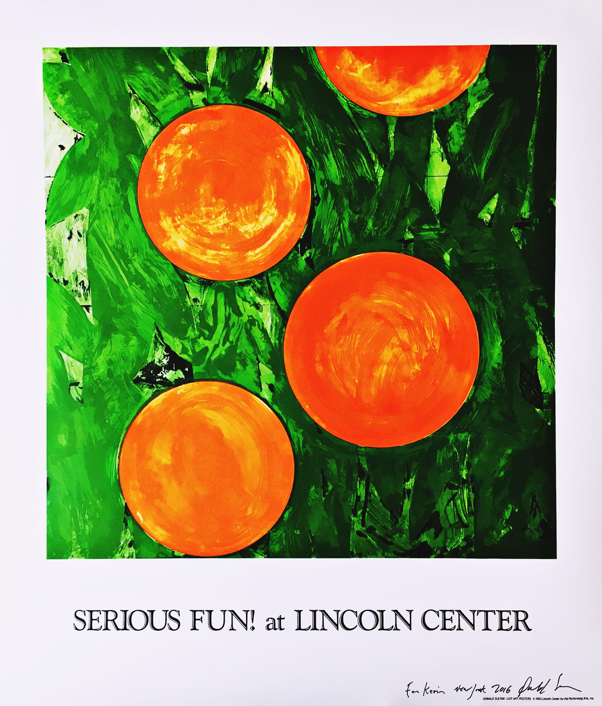 Serious Fun at Lincoln Center, signiertes, beschriftetes, orangefarbenes lithografisches Plakat in Baumform