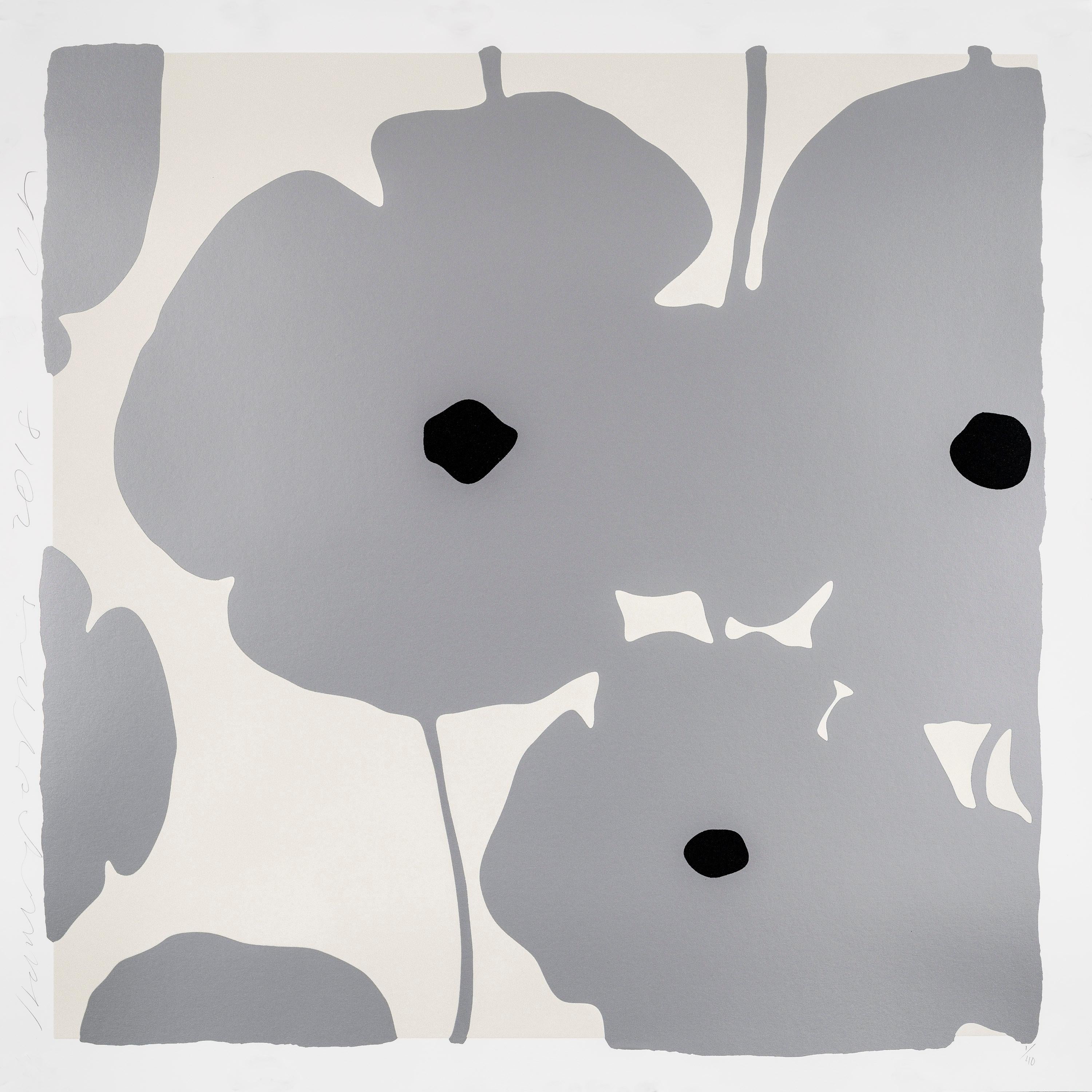 Silver Poppies, 2018, Color silkscreen, enamel inks and flocking - Print by Donald Sultan