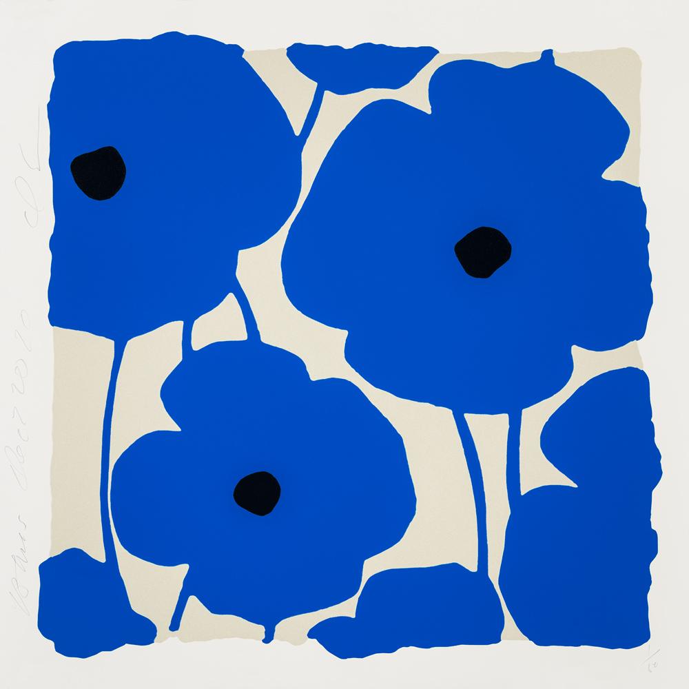 Created as a screenprint with enamel inks and flocking in 2020, Three Poppies (Blue) is hand-signed, titled, dated and numbered by Donald Sultan, the artwork measuring 25 x 25 in. (63.5 x 63.5 cm), unframed
from the edition of 50.