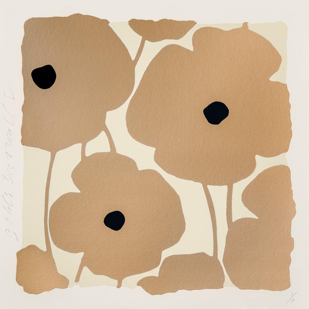 Created as a screenprint with enamel inks and flocking in 2020, Three Poppies (Gold) is hand-signed, titled, dated and numbered by Donald Sultan, the artwork measuring 25 x 25 in. (63.5 x 63.5 cm), unframed
from the edition of 50.