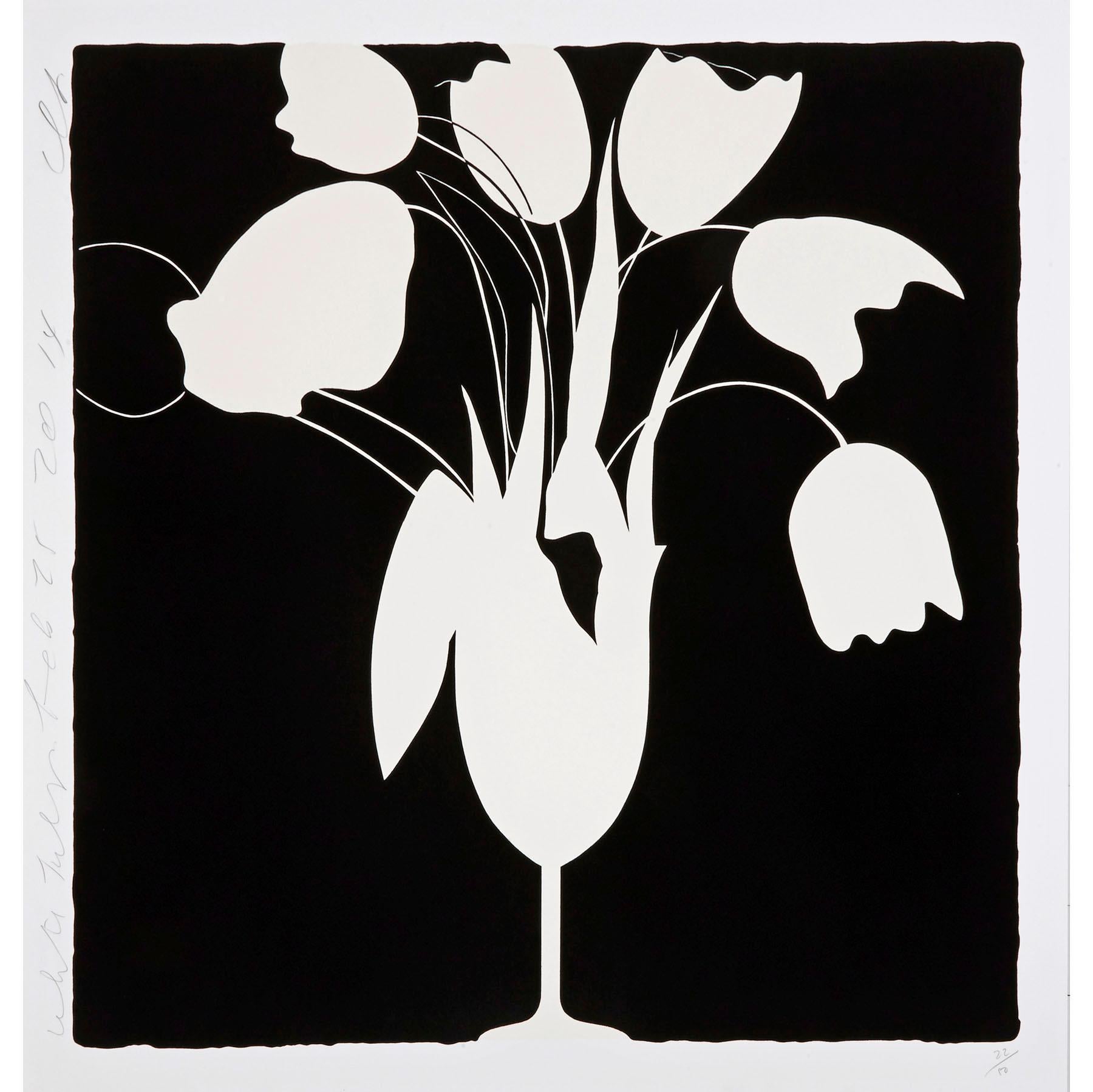 Figurative Print Donald Sultan - Tulips et vase blancs, 25 février, Contemporain, 21e siècle, sérigraphie, tulipes