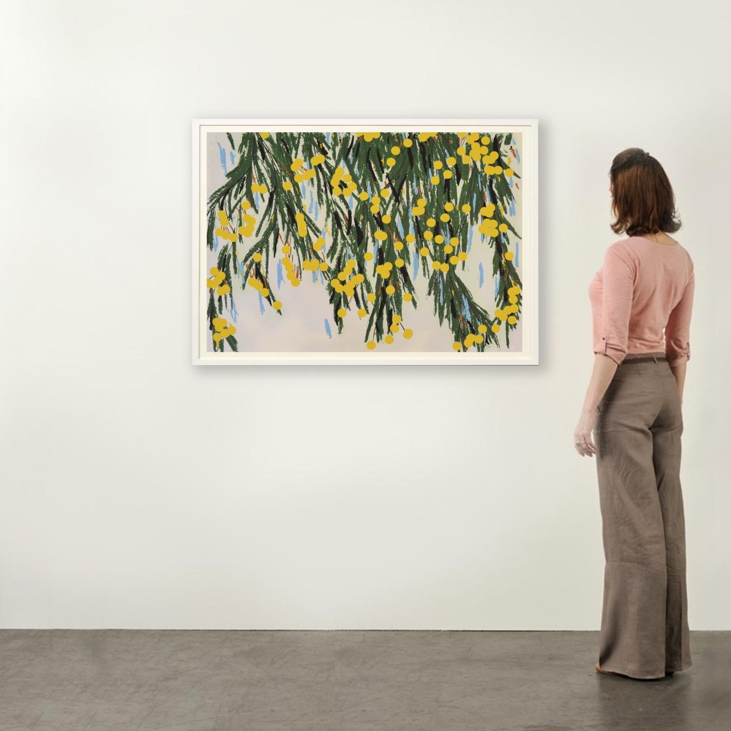 Donald Sultan, Yellow Mimosa, July 23,
Screenprint in colors with yellow flocking on 4-ply museum board. 
Edition of 50. 
81.3 x 114.3 cm (32.2 x 45.5 in)
Signed, dated, numbered, and titled accompanied by Certificate of Authenticity
Published by