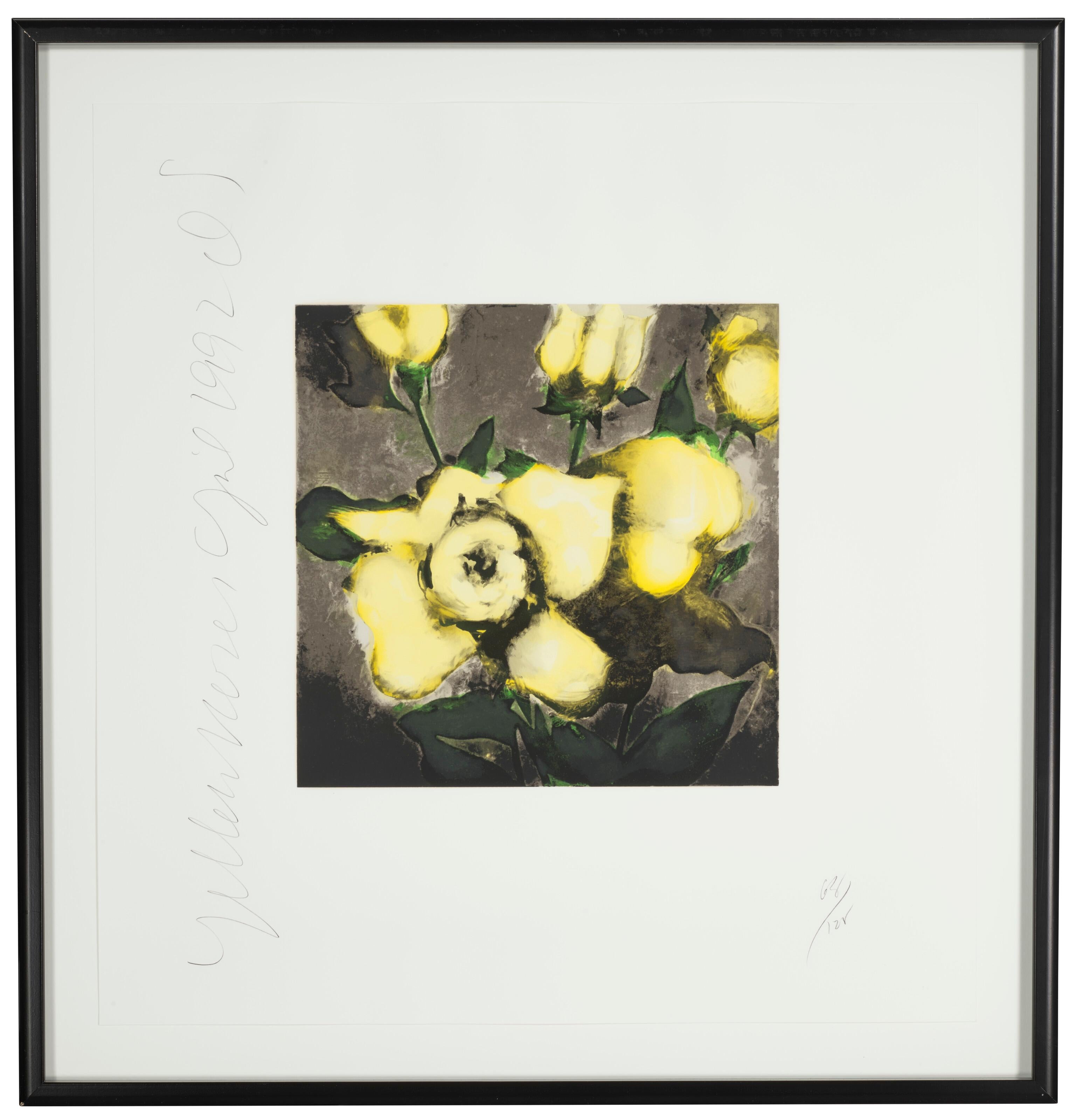 Farbsiebdruck auf Arches-Papier, mit Bleistift signiert, Nr. 65 aus einer Auflage von 125

Donald Sultan ist vor allem für seine Stillleben bekannt, in denen er organische Elemente wie Blumen und Früchte durch den Einsatz geometrischer Formen und
