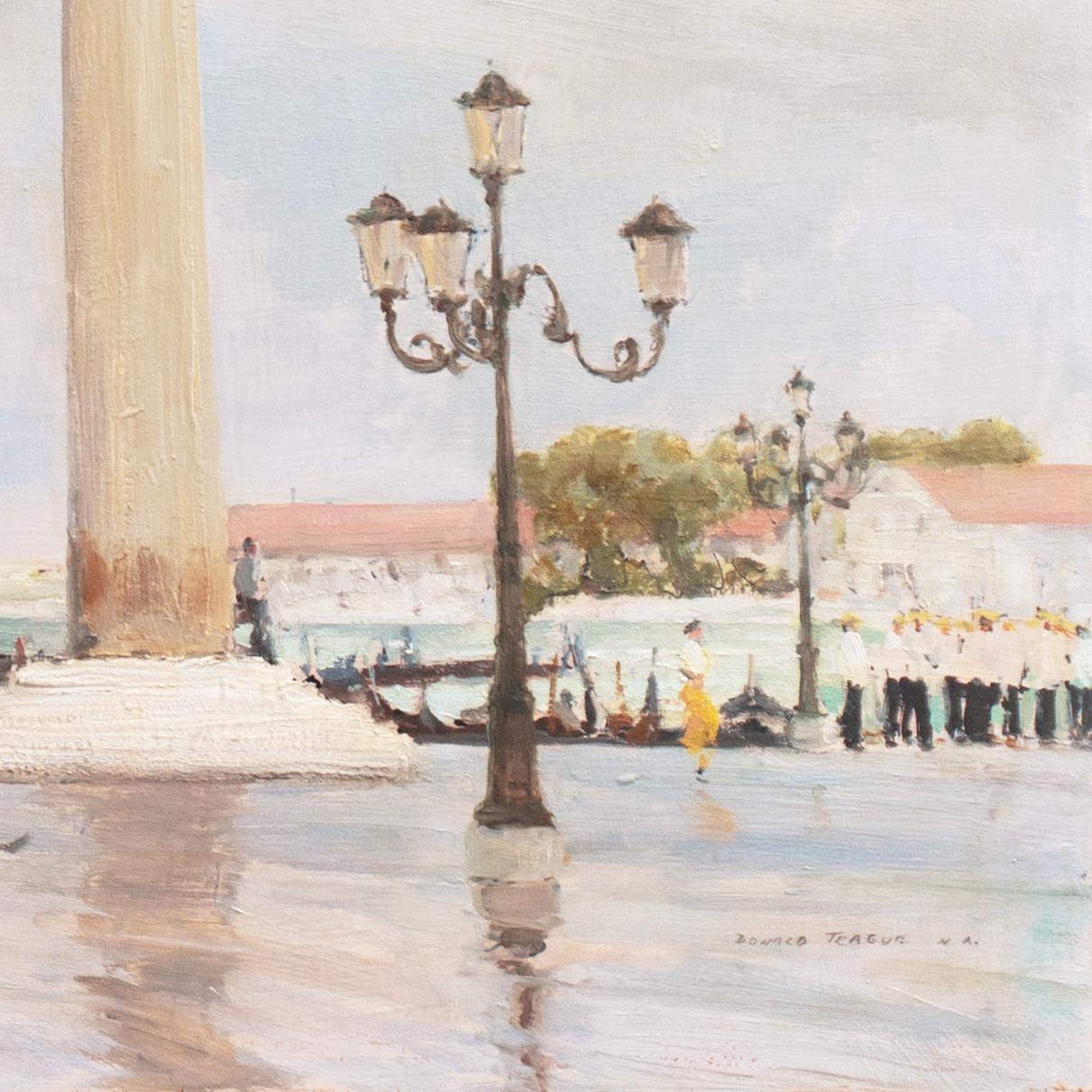 Signed, lower right, 'Donald Teague, N.A'. (American, 1897-1991); additionally signed, verso, and titled, 'Showery Day - Venice' and painted circa 1965. 
Provenance: Private Estate, Rancho Mirage, California.

A substantial oil painting of Venice