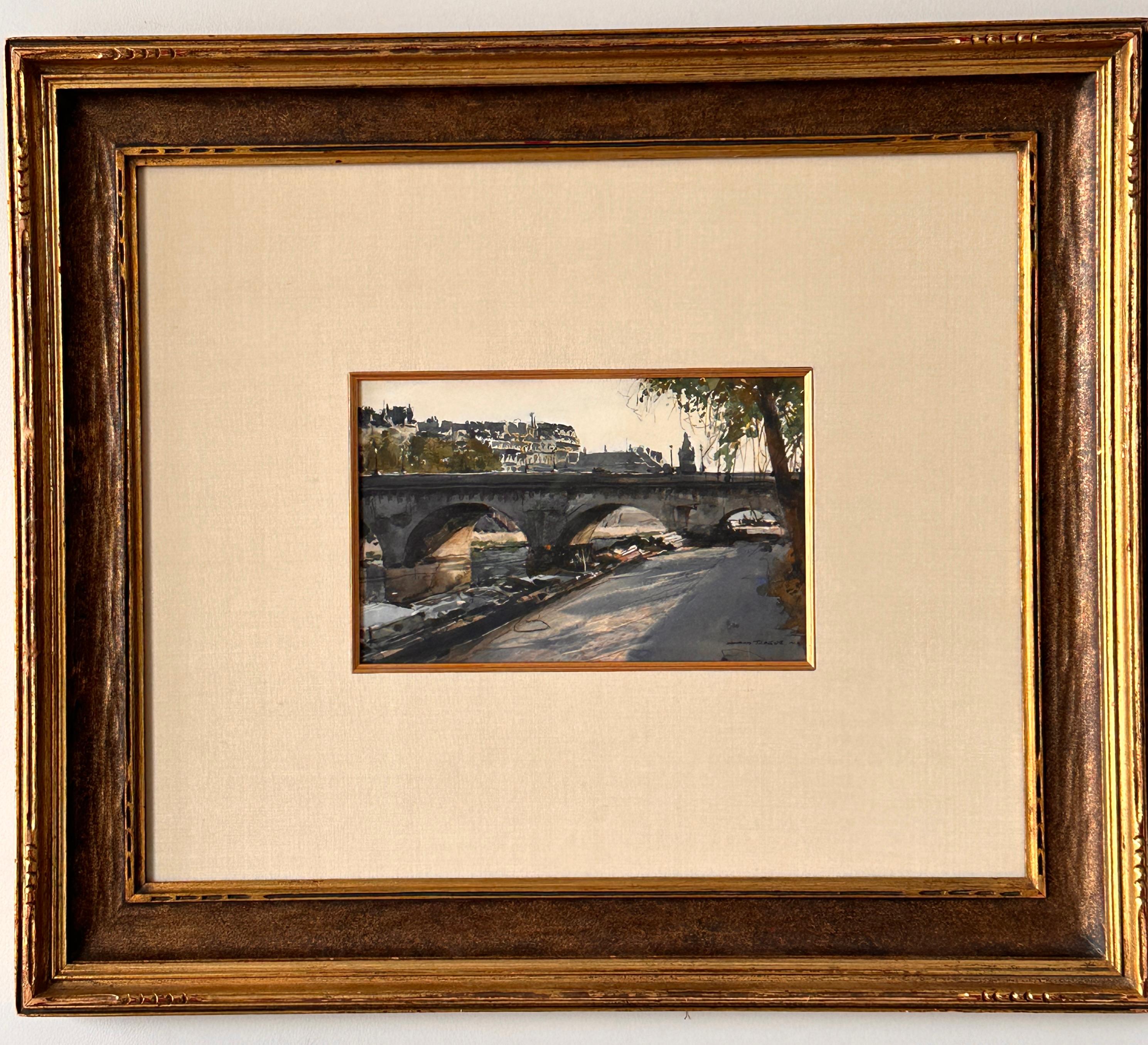 Fall Morning, Paris watercolor of the Siene and a bridge. - Painting by Donald Teague