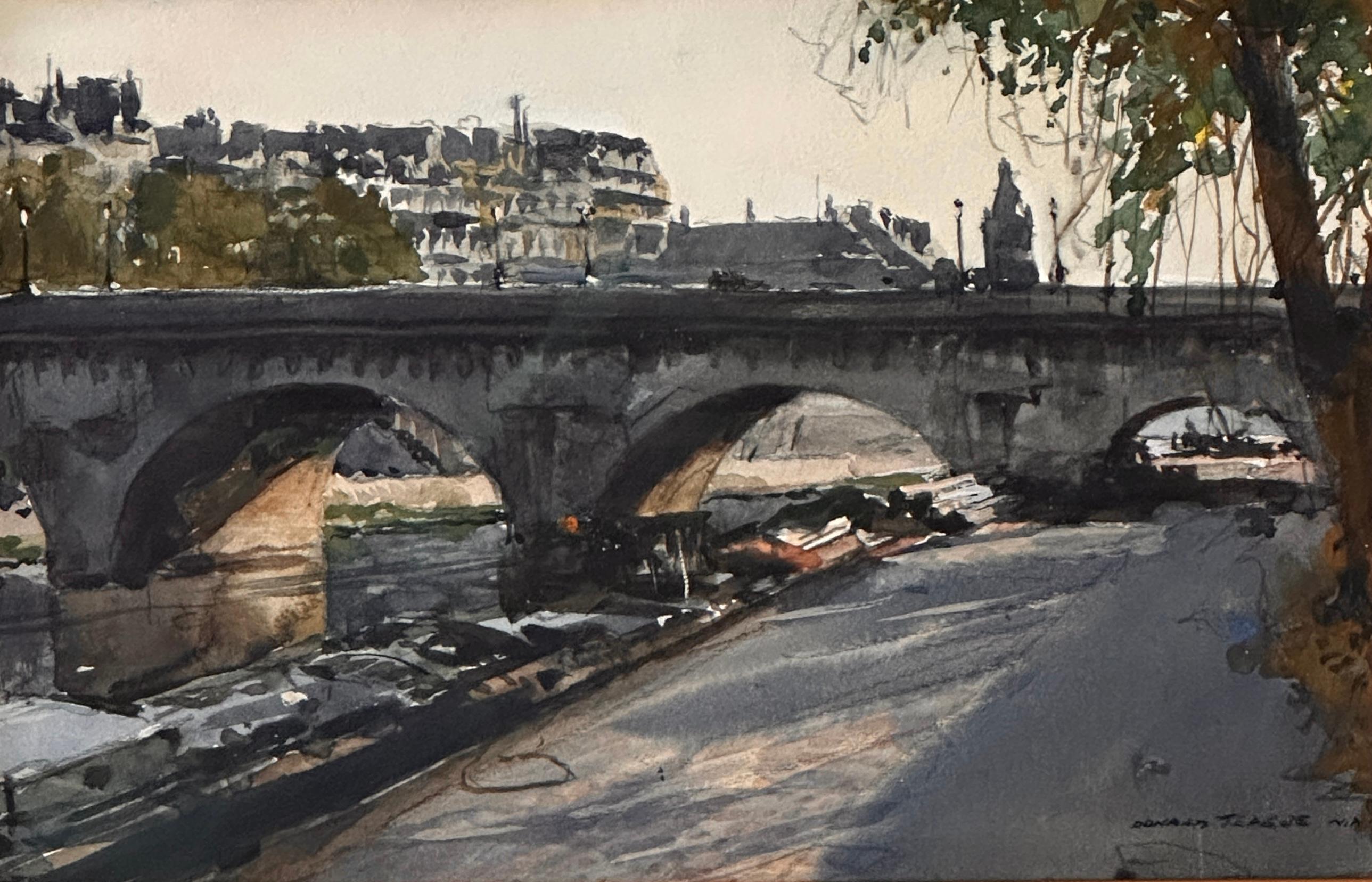 Donald Teague Landscape Painting - Fall Morning, Paris watercolor of the Siene and a bridge.