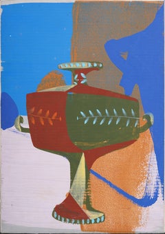 Antico dipinto ad olio firmato Modernista Americano Astratto Architettonico Natura morta