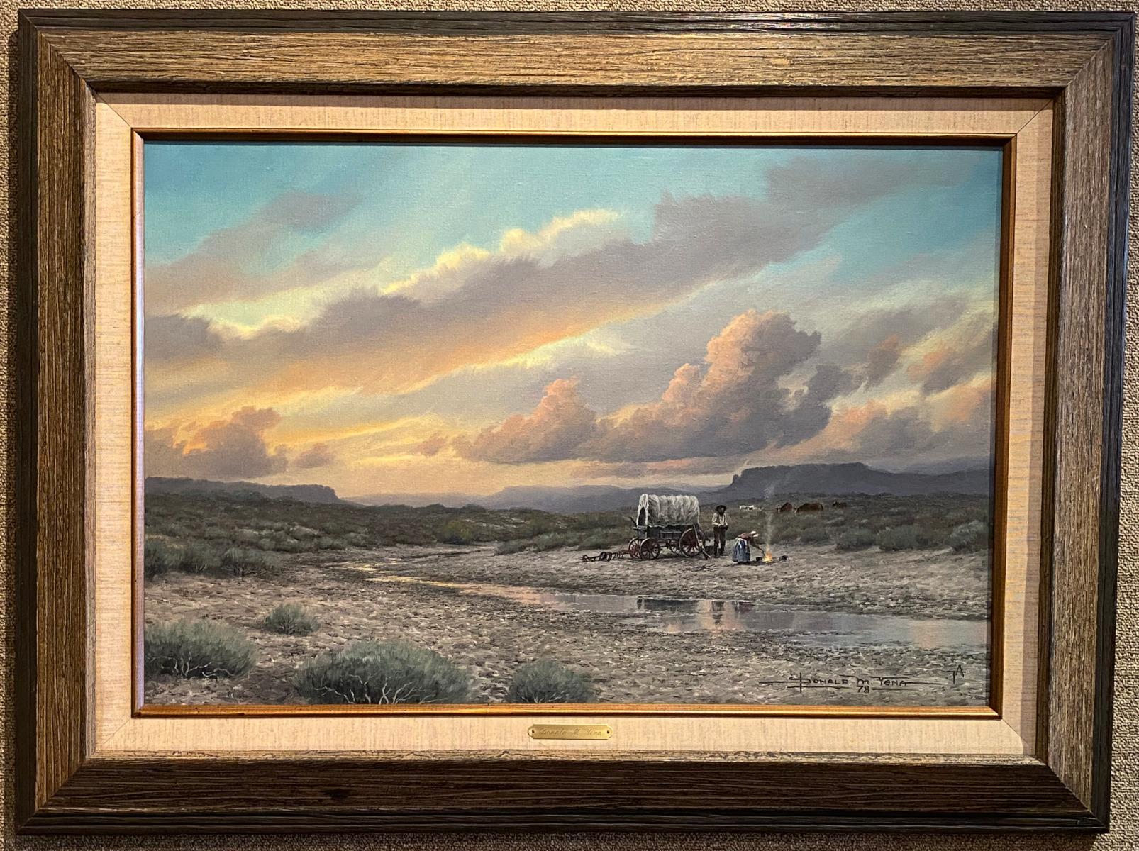 Donald Yena Landscape Painting - "EVENING OUT WEST"  WESTERN COWBOY RANCH CABIN EVENING CLOUDS COVERED WAGON
