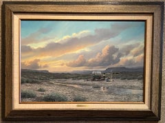 "EVENING OUT WEST" WESTERN COWBOY RANCH CABIN EVENING CLOUDS COVERED WAGON