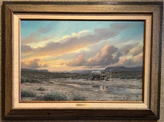 Vintage "EVENING OUT WEST"  WESTERN COWBOY RANCH CABIN EVENING CLOUDS COVERED WAGON