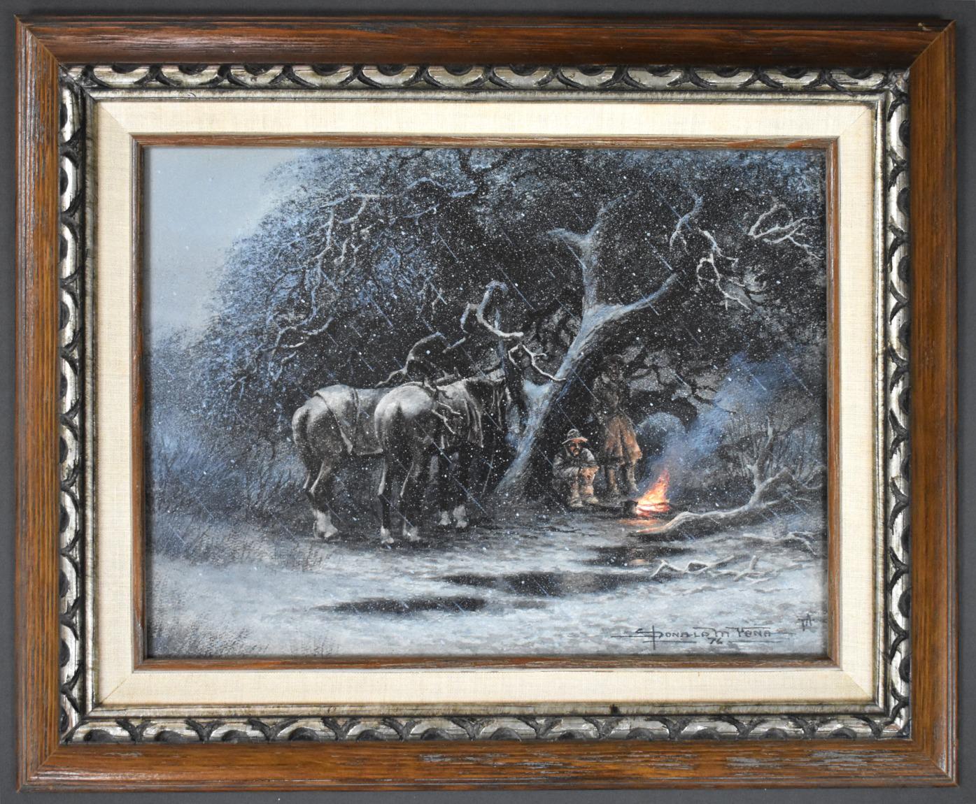 "ICE ON THE WIND"  WESTERN ICE STORM CAMPING SCENE.  COWBOYS CAMPFIRE VINTAGE