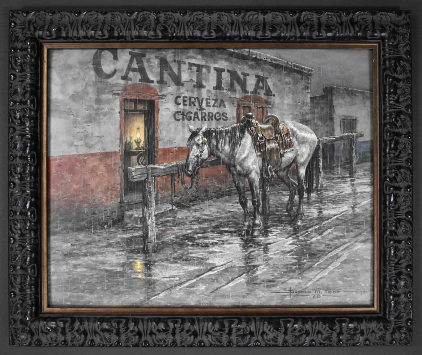 Donald Yena Figurative Painting - "RAIN ON THE SADDLE"  WESTERN MEXICAN CANTINA W/HORSE NICE VINGATE PIECE 