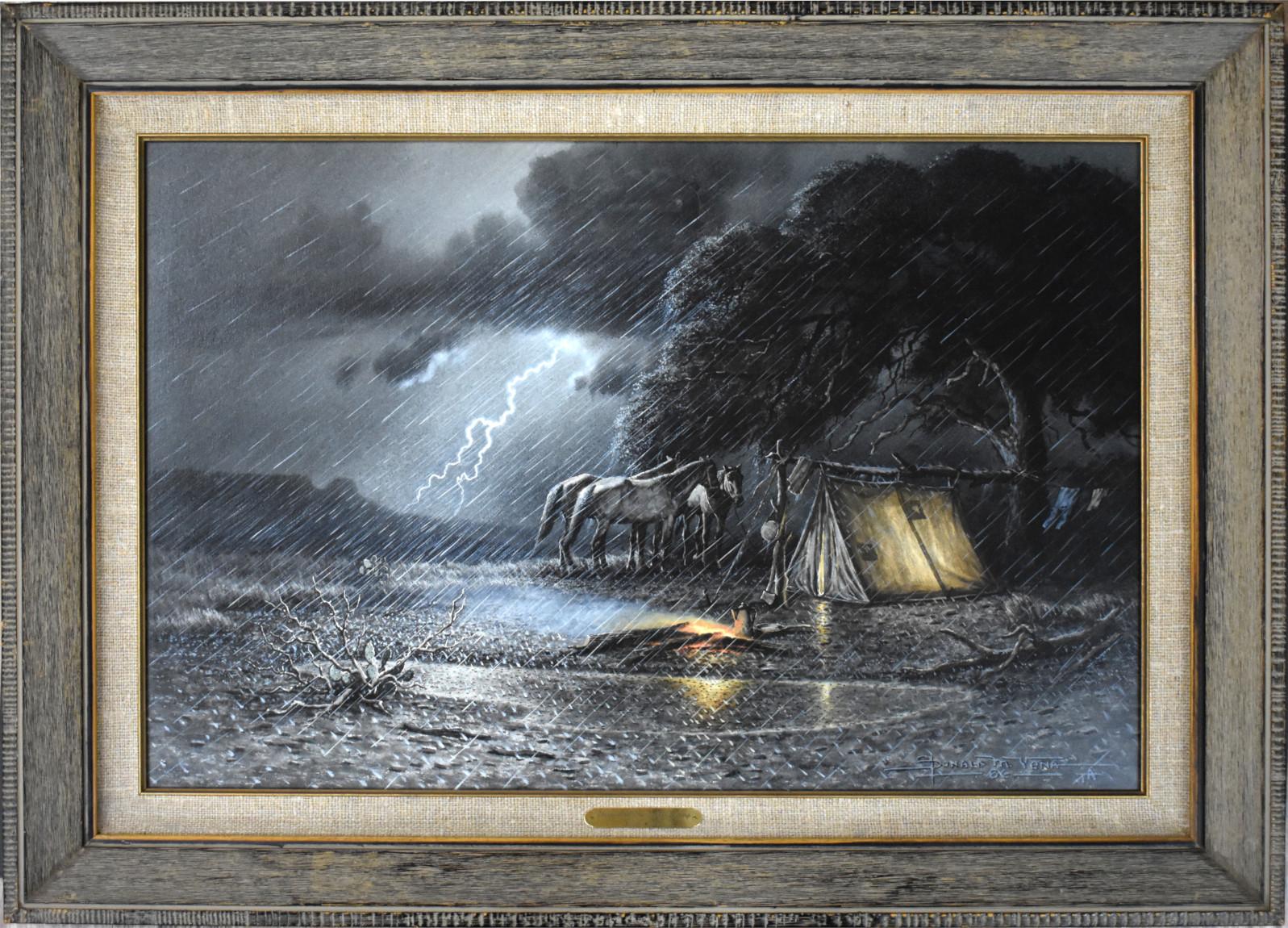 Donald Yena Figurative Painting - "STORM AND THE HUNTERS CAMP"  WESTERN LIGHTING TENT CAMP OUT COWBOY HORES