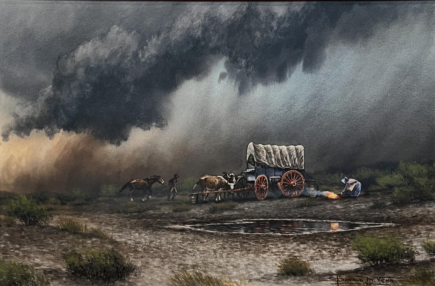 Donald Yena Landscape Painting - "SUPPER TIME STORM" WESTERN COVERED WAGON DONALD YENA BORN 1933 DATED 1975