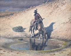 "THE LAST WATER"  NATIVE AMERICAN INDIAN COVERING HIS TRACKS BY THE WATER HOLE