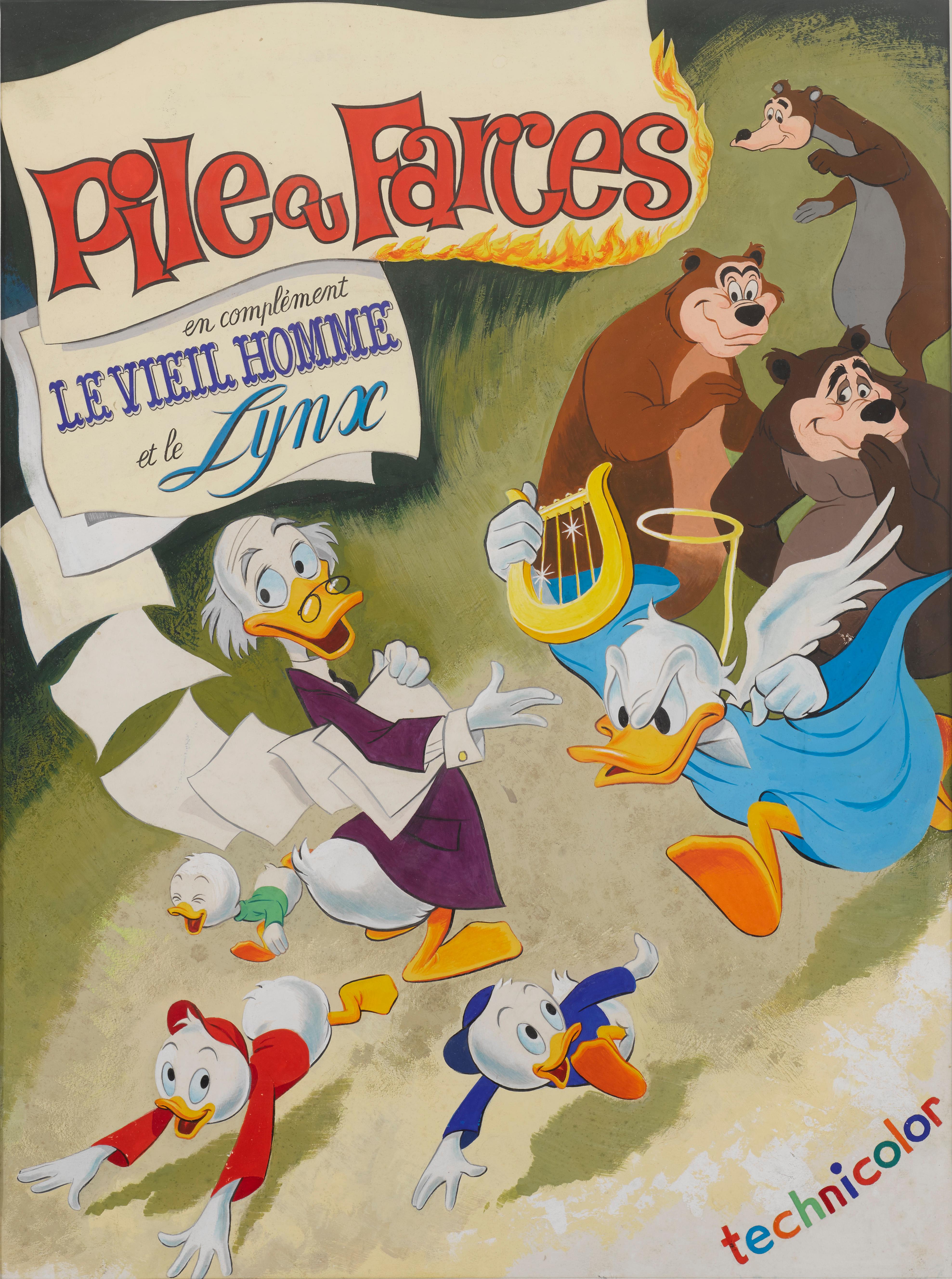 Original French film poster artwork gouache on art board for Walt Disney's 1949 Donald's Happy Birthday animation.
This 1949 animated short features Donald Duck and his nephews Huey, Dewey, and Louie. A birthday gift of cigars goes amiss when