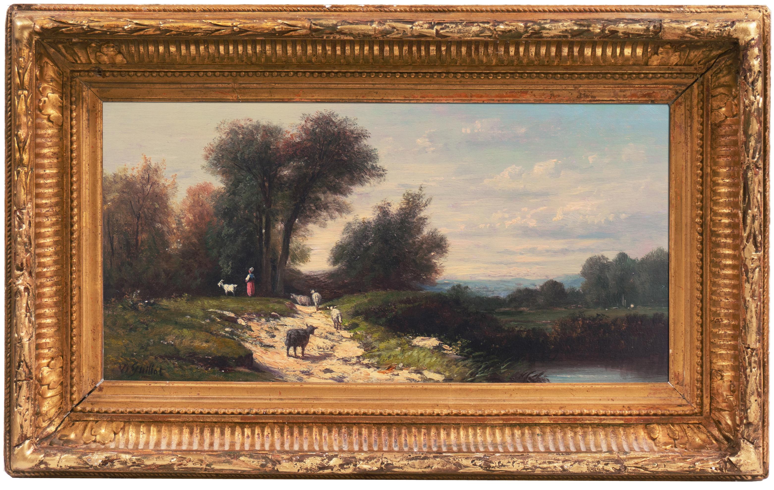 Landscape Painting Donat Guillot - Bergère dans un paysage fluvial" Salon des Artistes Français, Musée Pouchkine