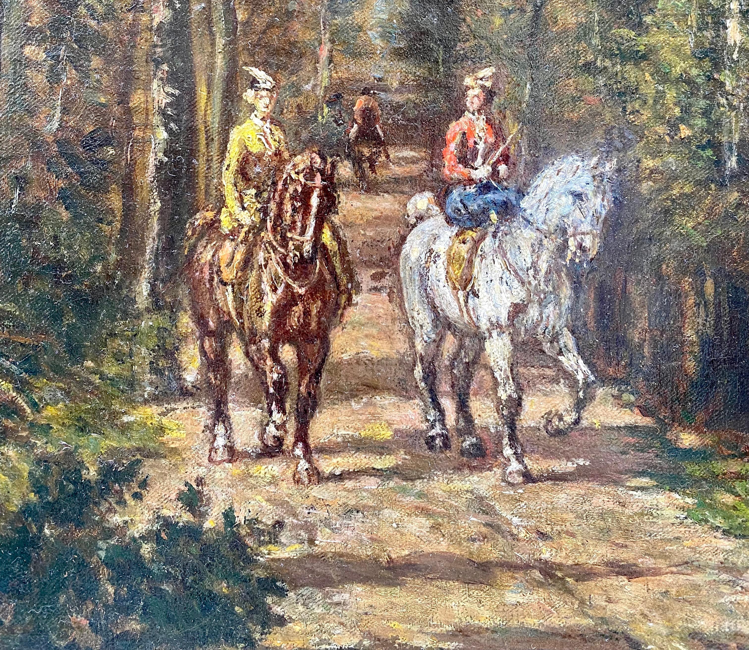 Riders in the woods; excursion on horse back French equestrian painting  - Painting by Donat Pellegrin