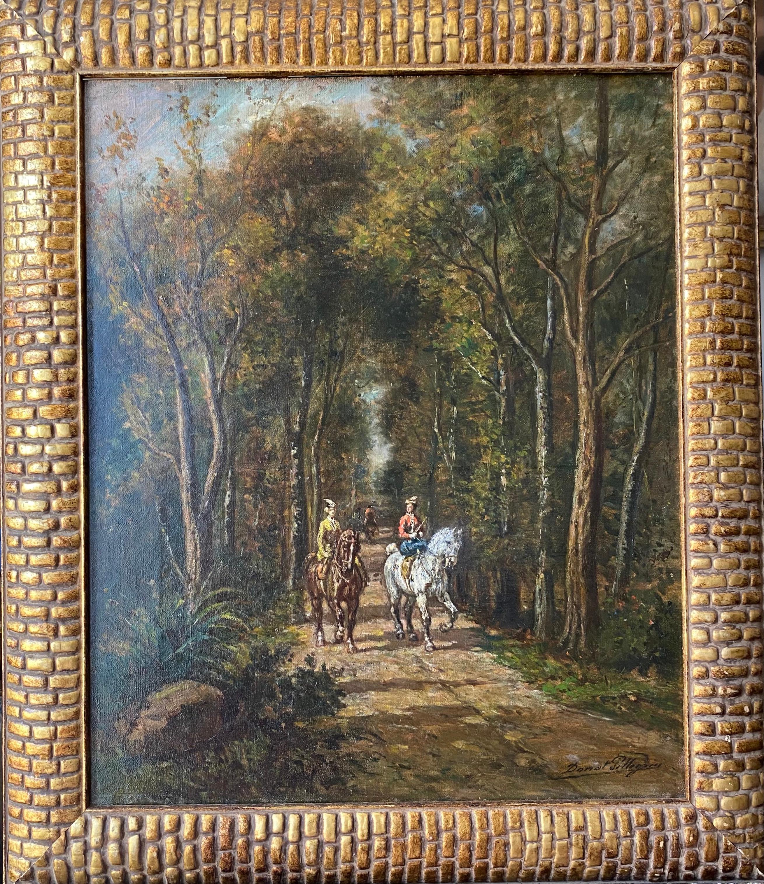 Donat Pellegrin Animal Painting - Riders in the woods; excursion on horse back French equestrian painting 