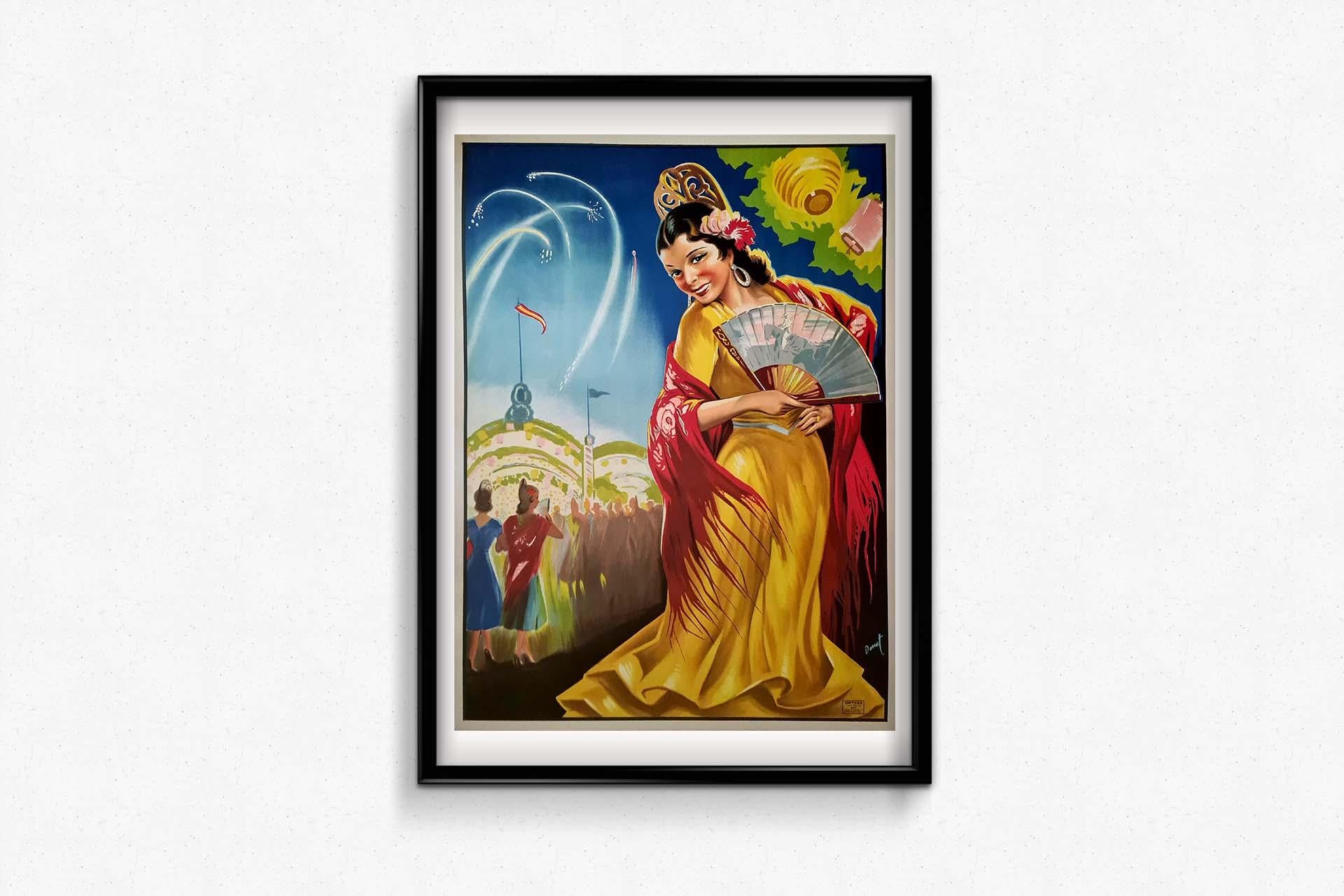 Das Originalplakat von Fiestas Mujer Andaluza aus dem Jahr 1947 verkörpert den lebendigen Geist der andalusischen Kultur und des Feierns. Dieses Kunstwerk ist eine visuelle Einladung, in die reichen Traditionen und Festlichkeiten der Region