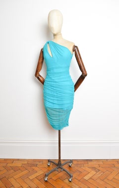 Donatella Versace Resort 2014 Azur Blue Turquoise Ruched One shoulder Mini Dress