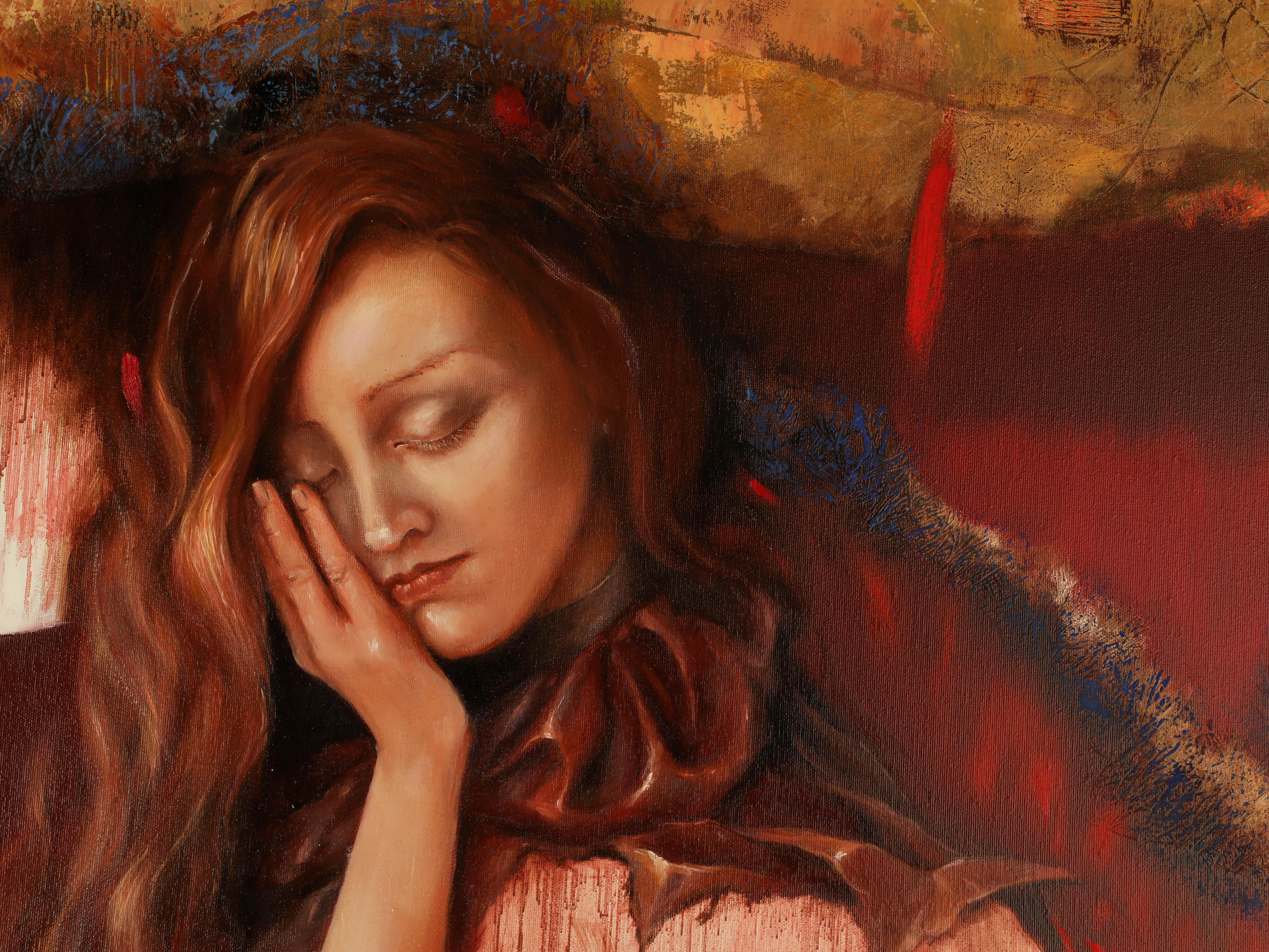 Beatrice e Linferno - Brown Figurative Painting by Donatella VIOLI