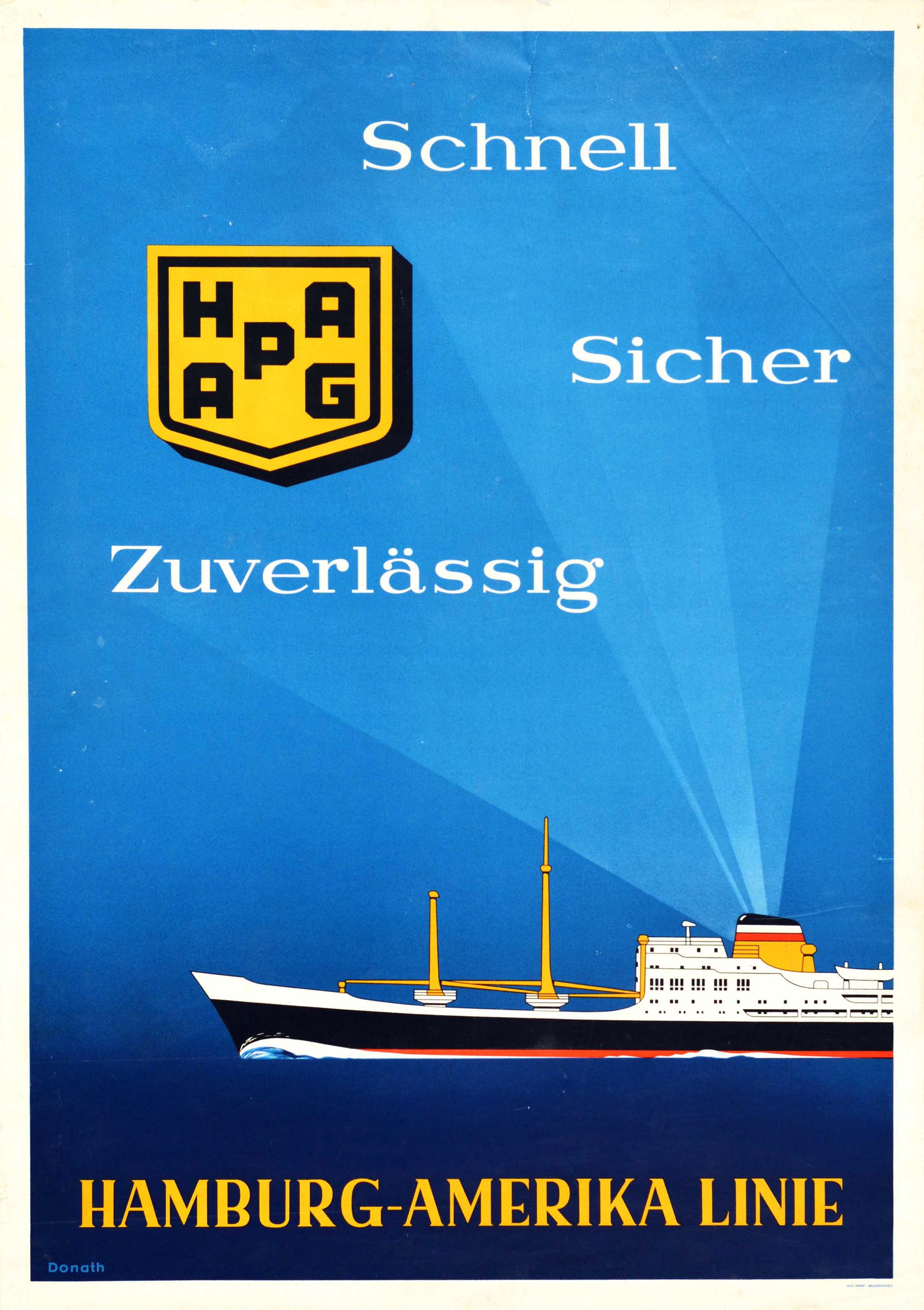 Original Vintage Travel Poster Hamburg America Liner Fast Safe Reliable Ship Art