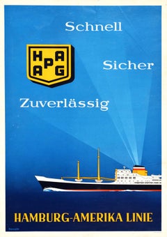 Original Retro Travel Poster Hamburg America Liner Fast Safe Reliable Ship Art