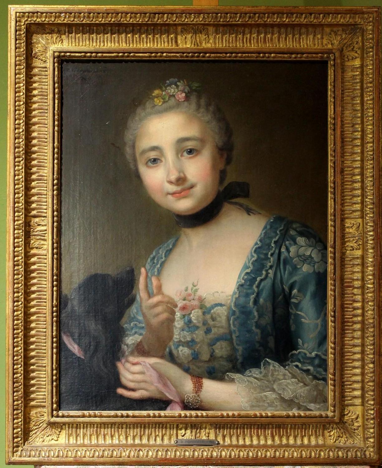 Wonderful mid- 18th Century French Old Master oil on canvas painting portrait of a lady with her dog by Donatien Nonnotte signed and dated 1760.
D. Nonotte was the pupil and student emeritus of François Lemoyne and he taught François-Hubert