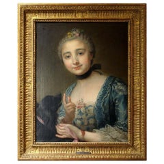 Portrait French Old Master Oil on Canvas Painting Young Lady with a Dog, 1760