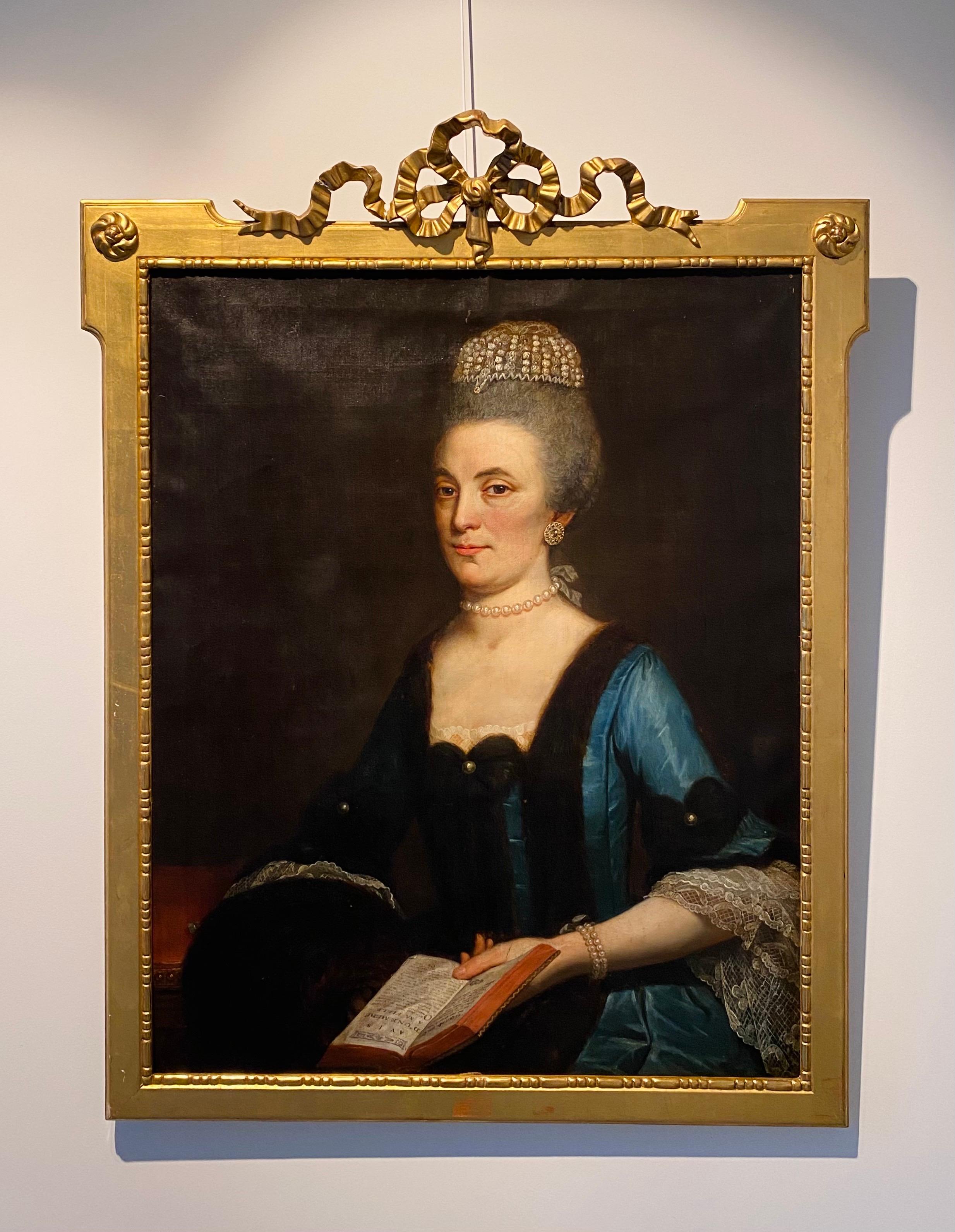 French 18th century Portrait of a lady - Book pearls - Painting by Donatien Nonotte (Besançon 1708 - Lyon 1785)