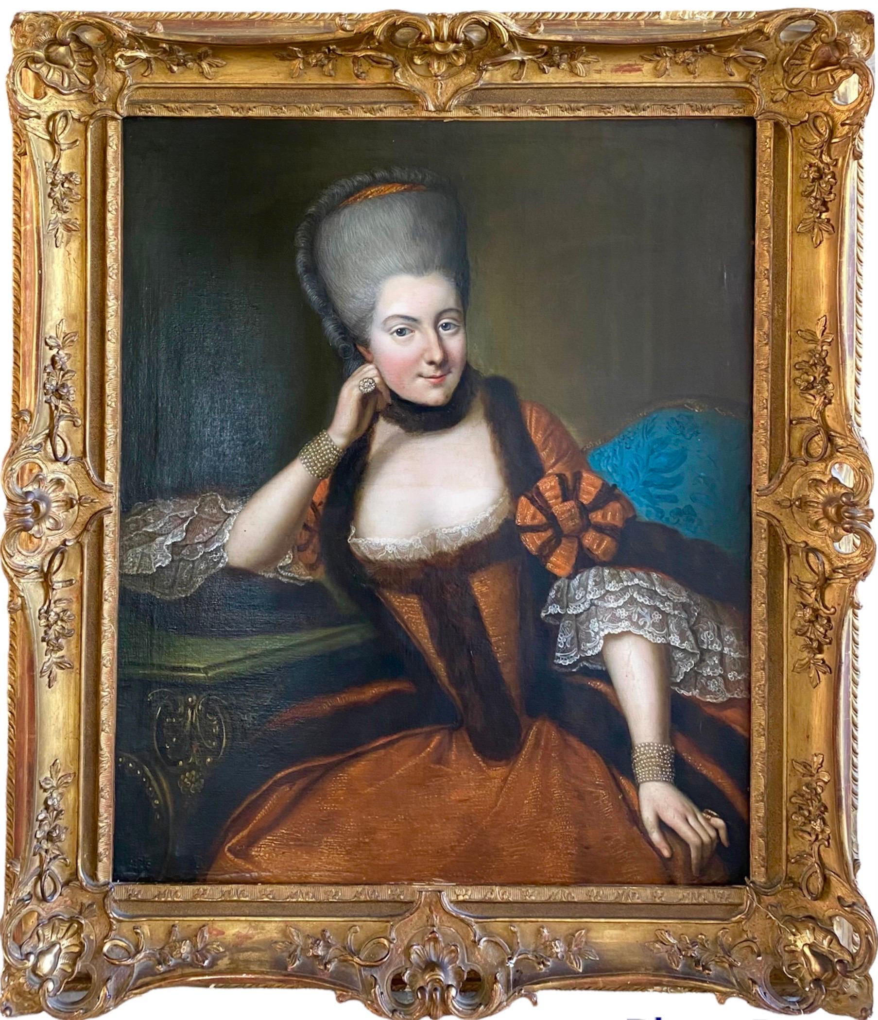 Donatien Nonotte (Besançon 1708 - Lyon 1785) Figurative Painting - Huge French 18th century Portrait of a lady - Rococo Fur pearls