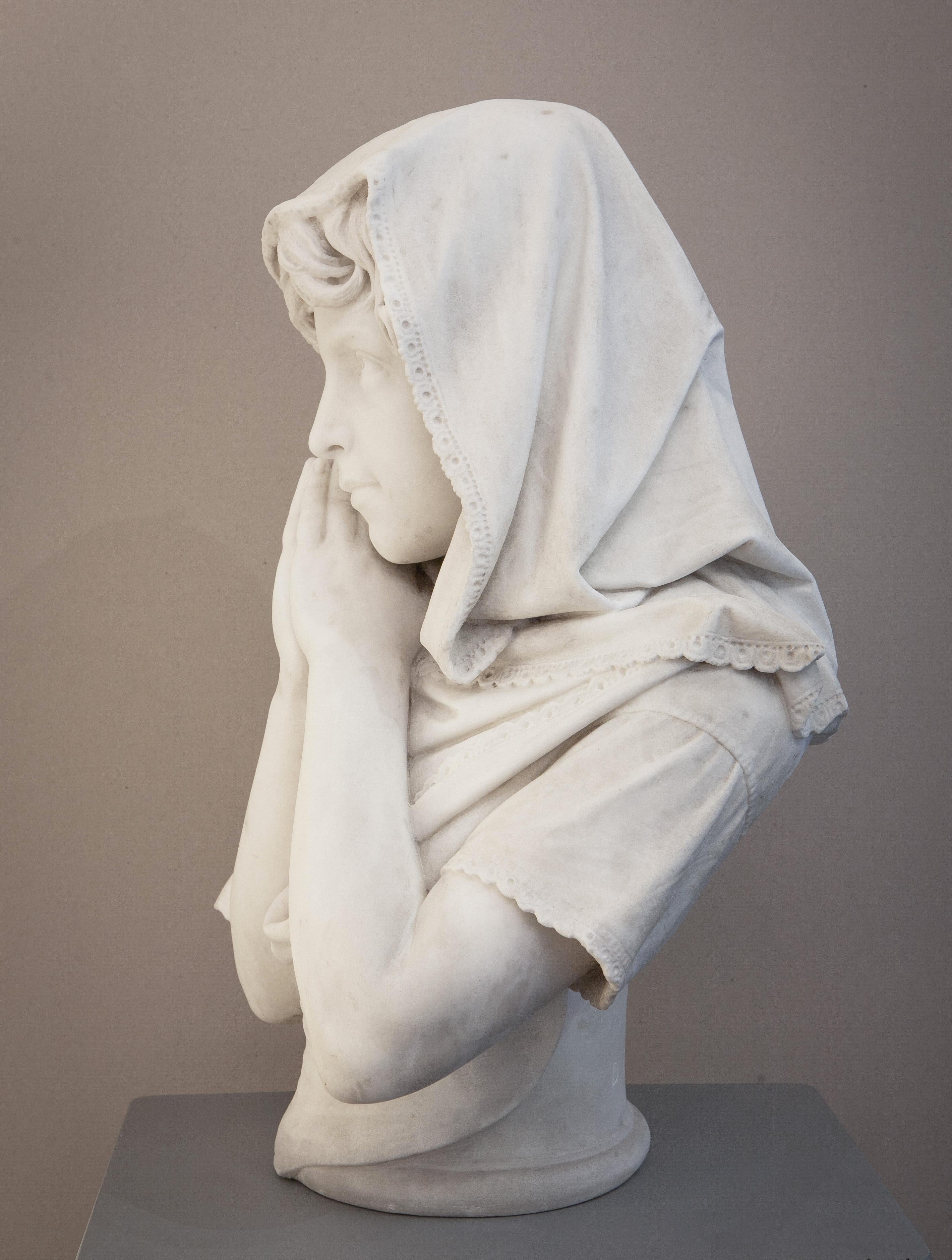 Donato Barcaglia (Pavia, January 10, 1849 - Rome, 1930)

Little girl with clasped hands
Statuary white marble sculpture
Measurements: height 55 cm, width 39 cm, depth 25 cm
Last Quarter 19th Century
Signed 