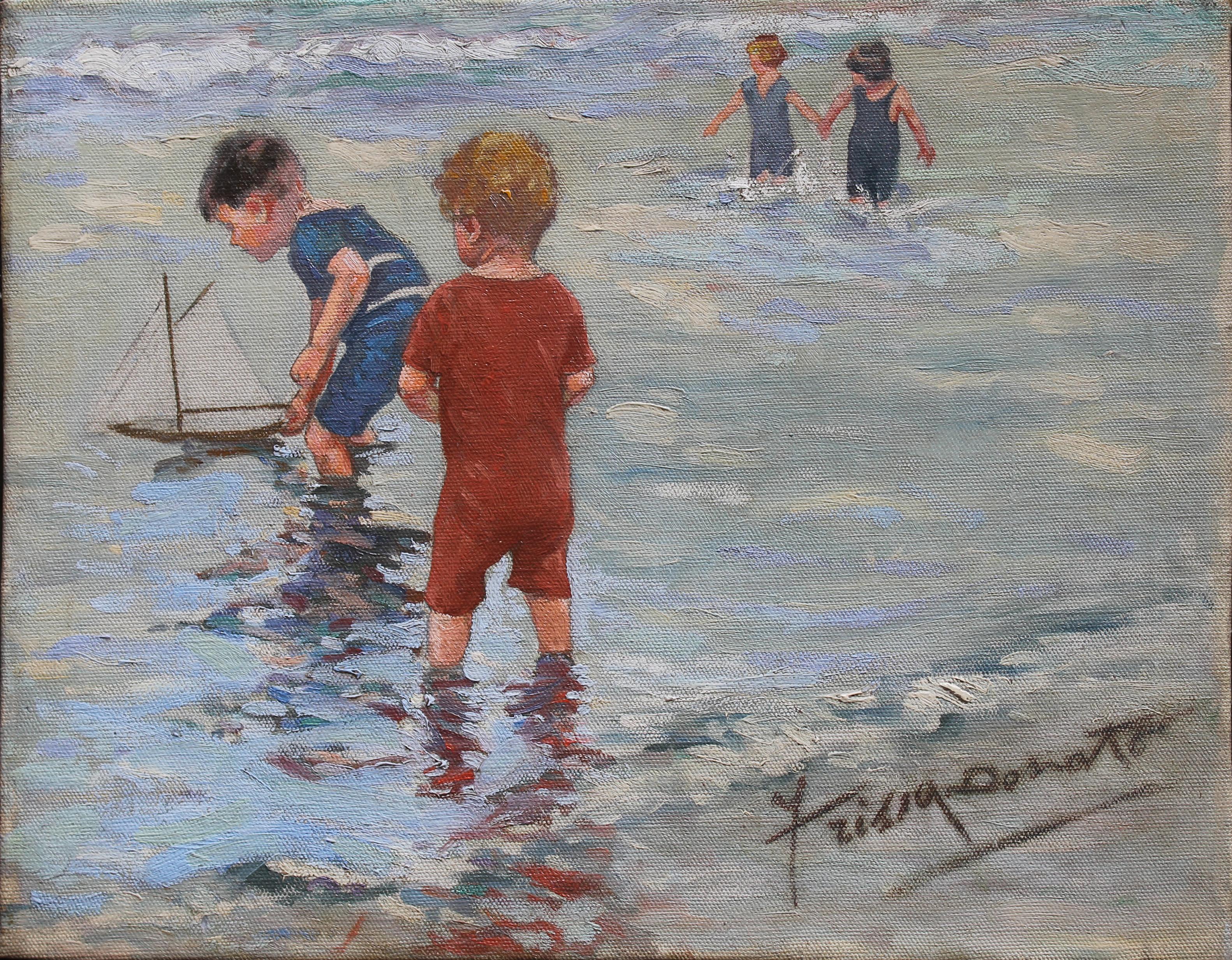 Donato Frisia Figurative Painting – Kinder am Meer