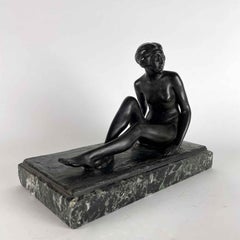 Figure of Nude Woman Seated Italian Signed Bronze with Marble Base 20th Century