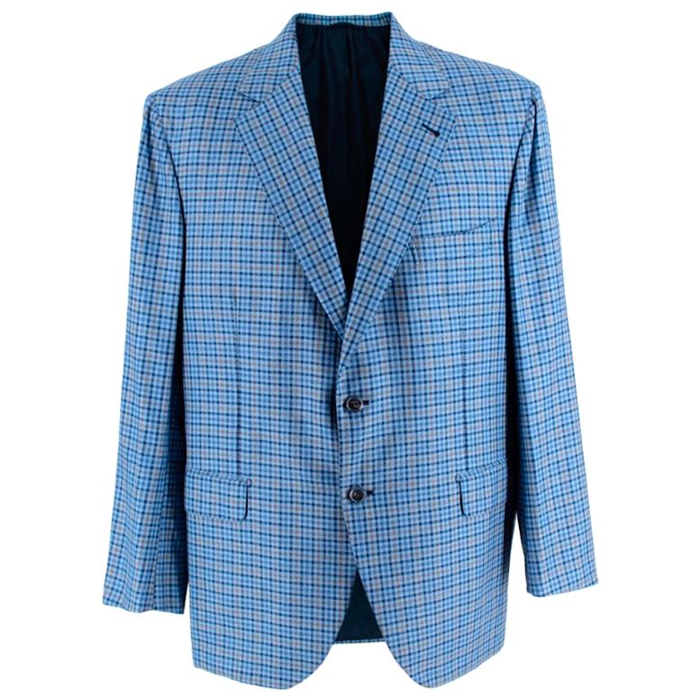 Donato Liguori Blue Checkered Cashmere blend Tailored Blazer - Estimated Size XL For Sale