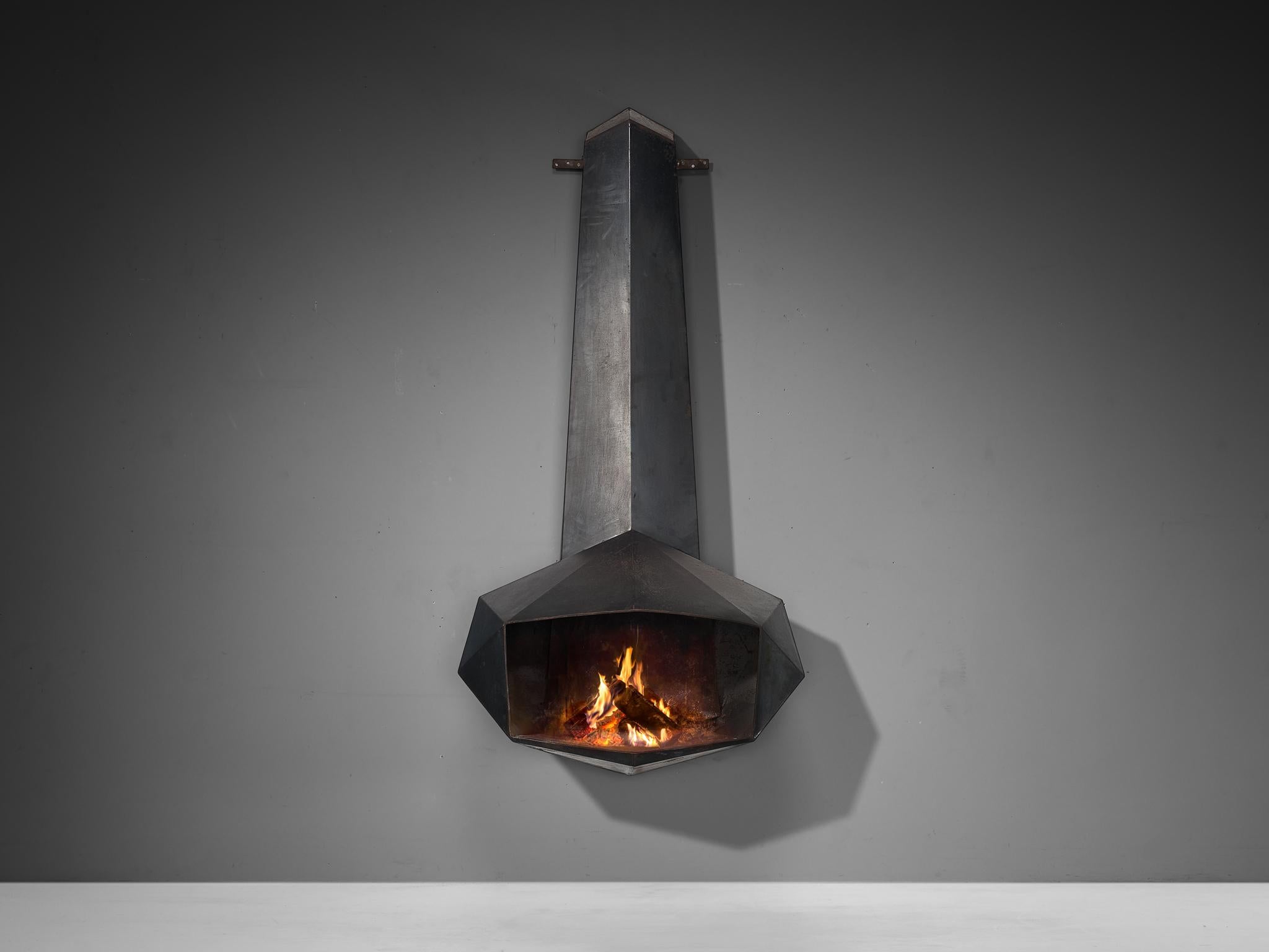 Belgian Donbar Faceted Fireplace in Patinated Iron  For Sale